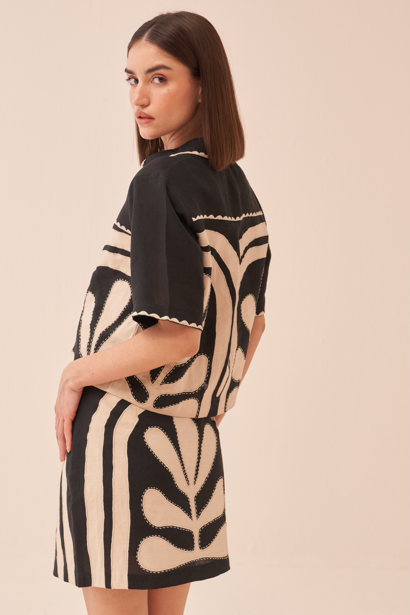 CASABLANCA BLACK COTTON LINEN CROP LENGTH SHIRT AND SKIRT CO-ORD SET WITH APPLIQUE EMBROIDERY