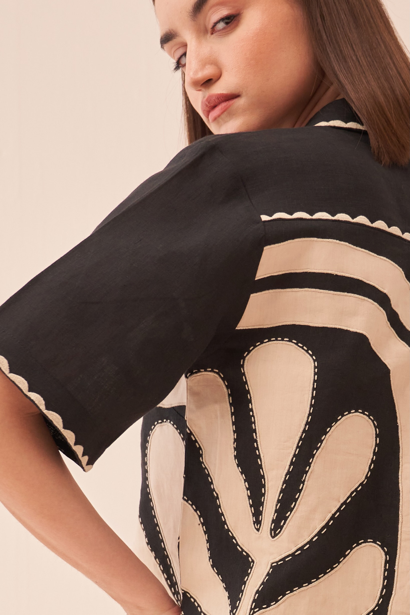 CASABLANCA BLACK COTTON LINEN CROP LENGTH SHIRT AND SKIRT CO-ORD SET WITH APPLIQUE EMBROIDERY