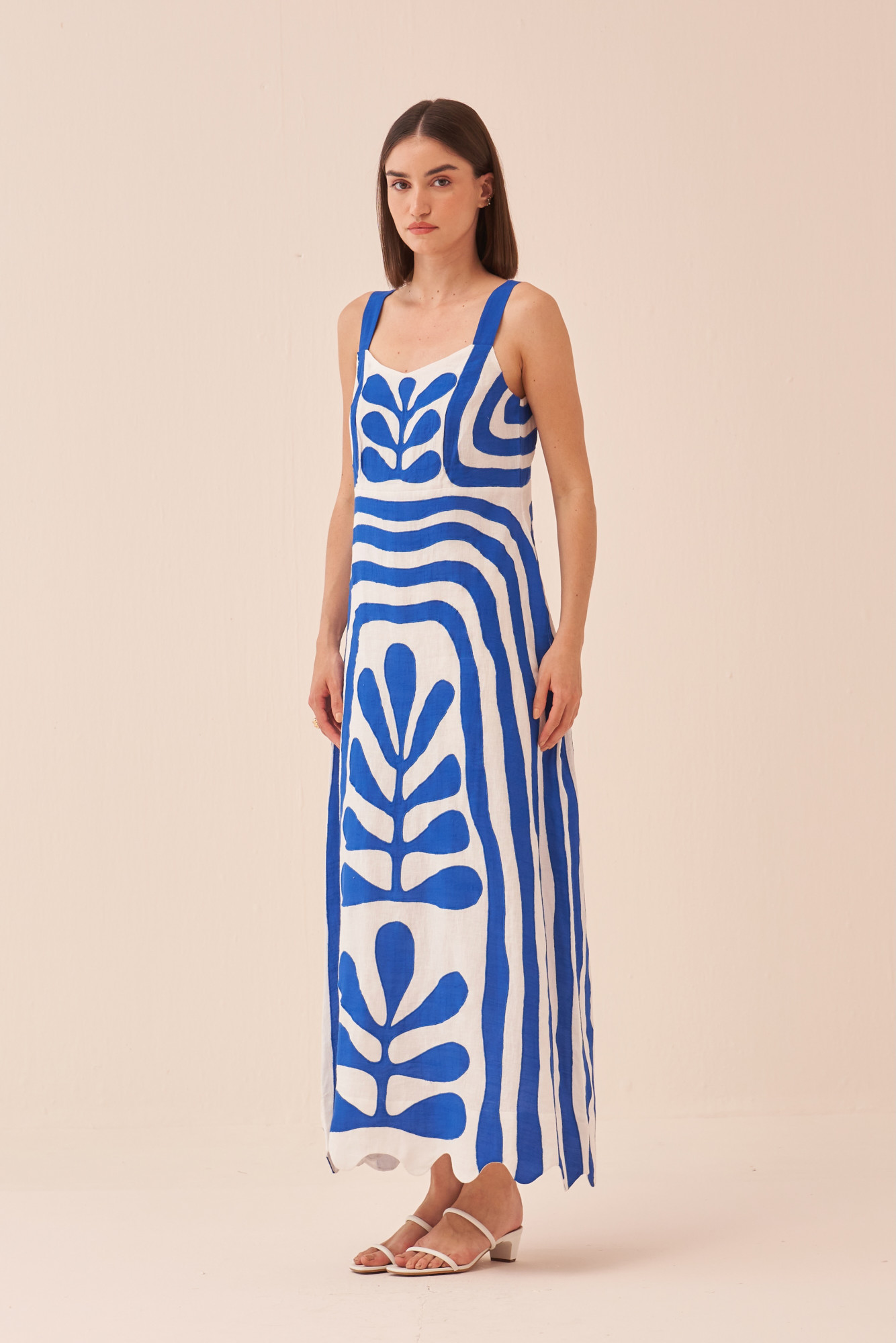 CASABLANCA WHITE COTTON LINEN ANKLE LENGTH DRESS WITH BLUE COLOUR APPLIQUE EMBROIDERY