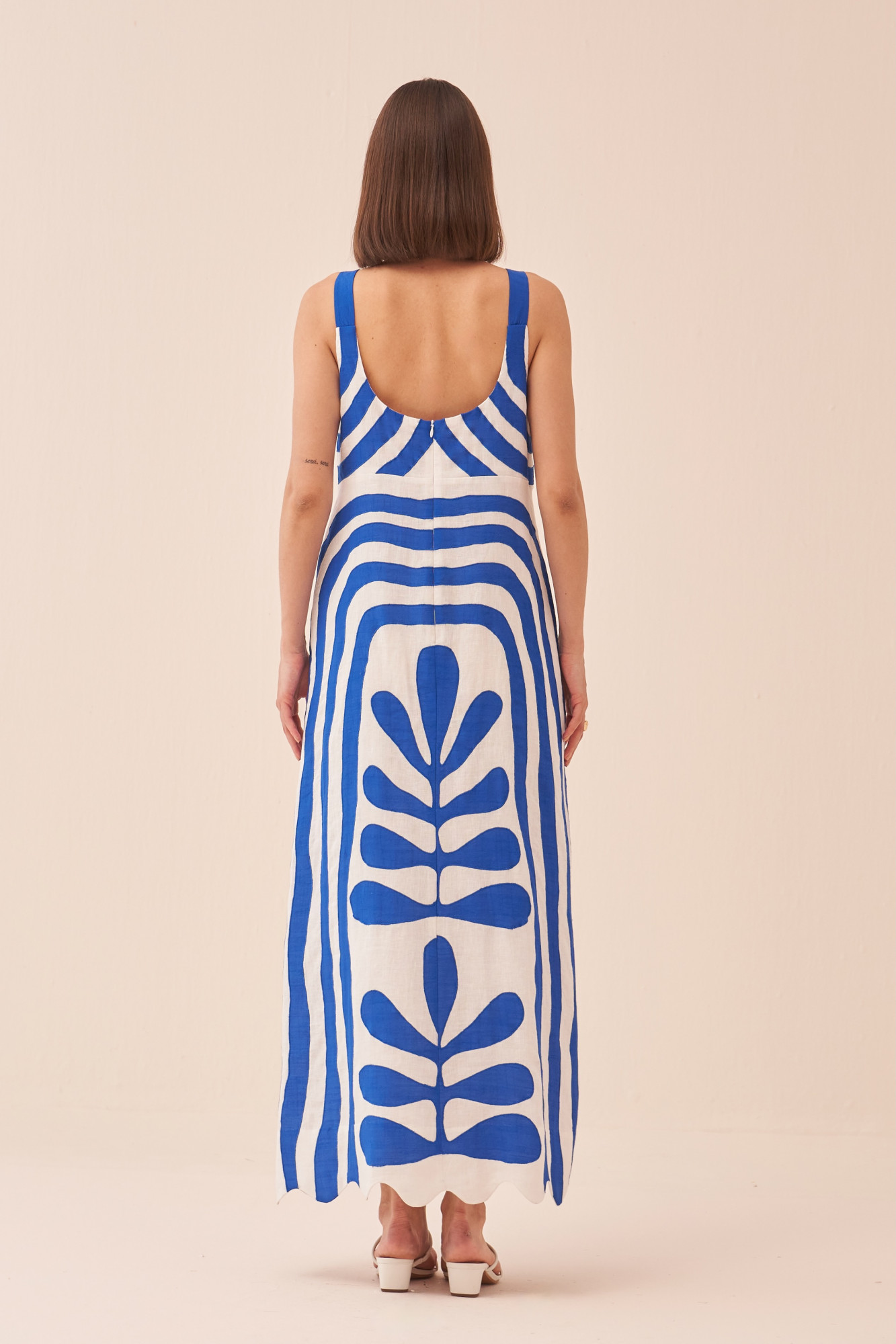 CASABLANCA WHITE COTTON LINEN ANKLE LENGTH DRESS WITH BLUE COLOUR APPLIQUE EMBROIDERY