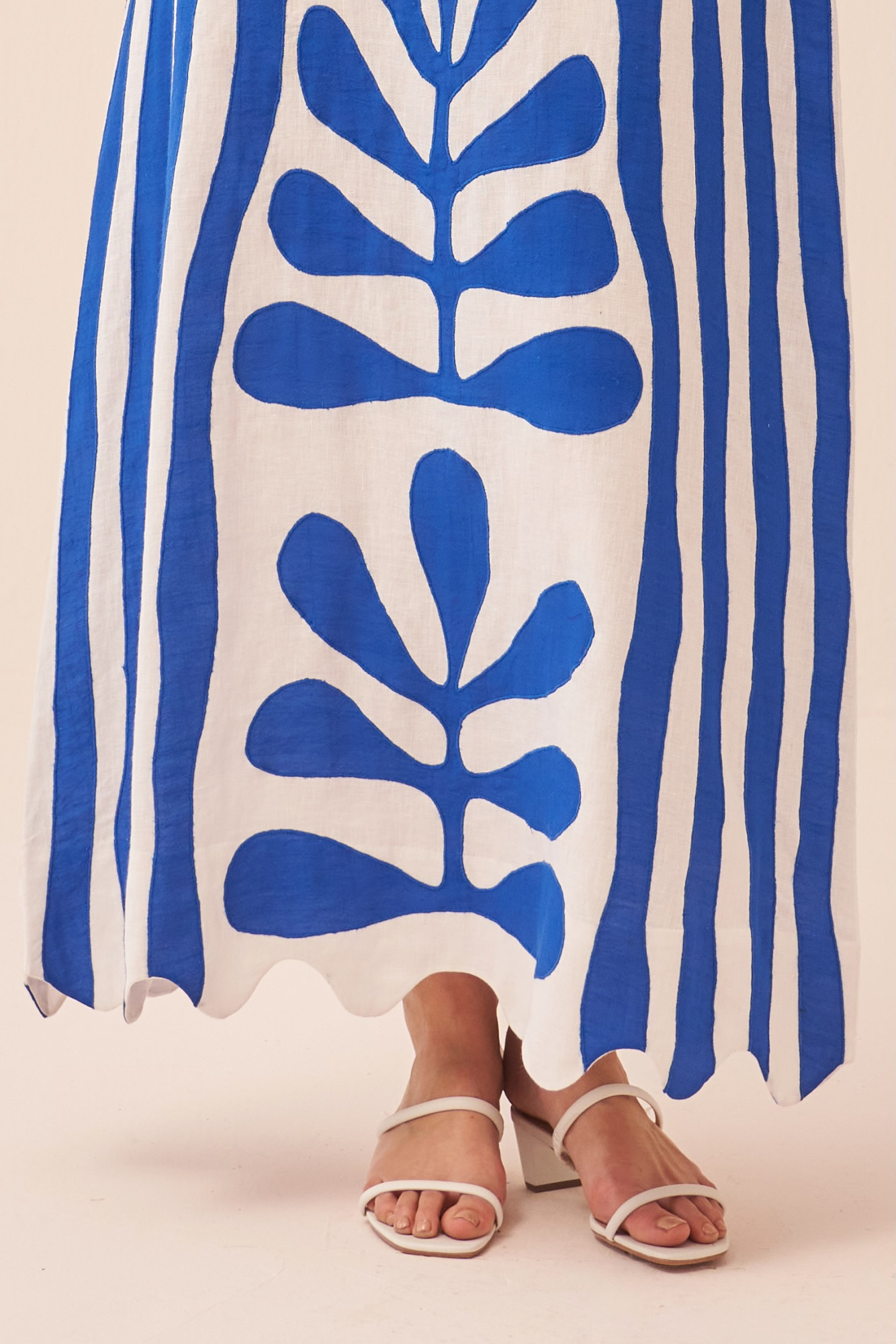 CASABLANCA WHITE COTTON LINEN ANKLE LENGTH DRESS WITH BLUE COLOUR APPLIQUE EMBROIDERY