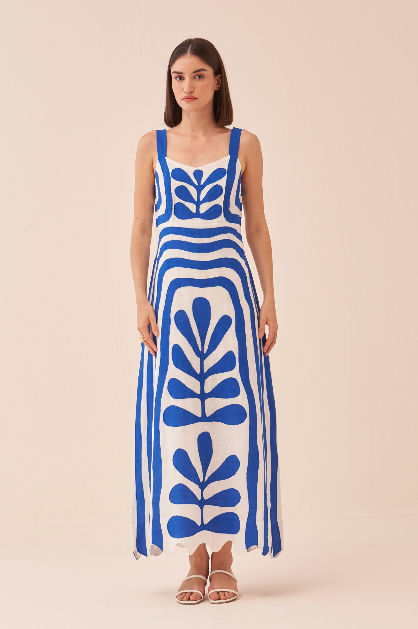 CASABLANCA WHITE COTTON LINEN ANKLE LENGTH DRESS WITH BLUE COLOUR APPLIQUE EMBROIDERY