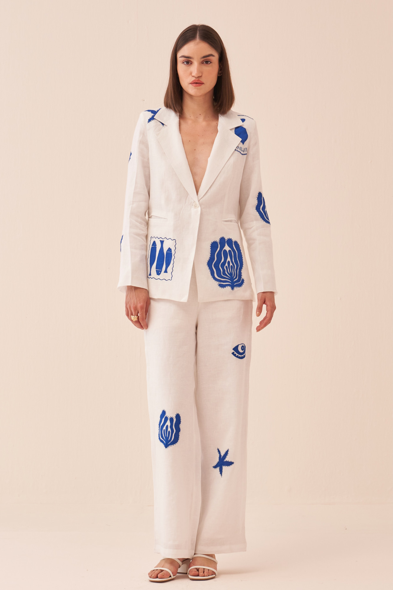 CASABLANCA WHITE COTTON LINEN JACKET AND PANT CO-ORD SET WITH BLUE COLOUR APPLIQUE EMBROIDERY