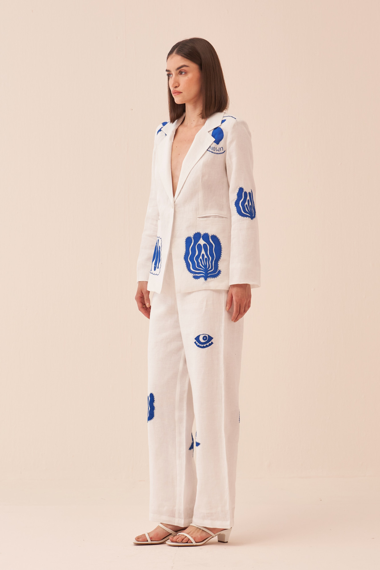 CASABLANCA WHITE COTTON LINEN JACKET AND PANT CO-ORD SET WITH BLUE COLOUR APPLIQUE EMBROIDERY