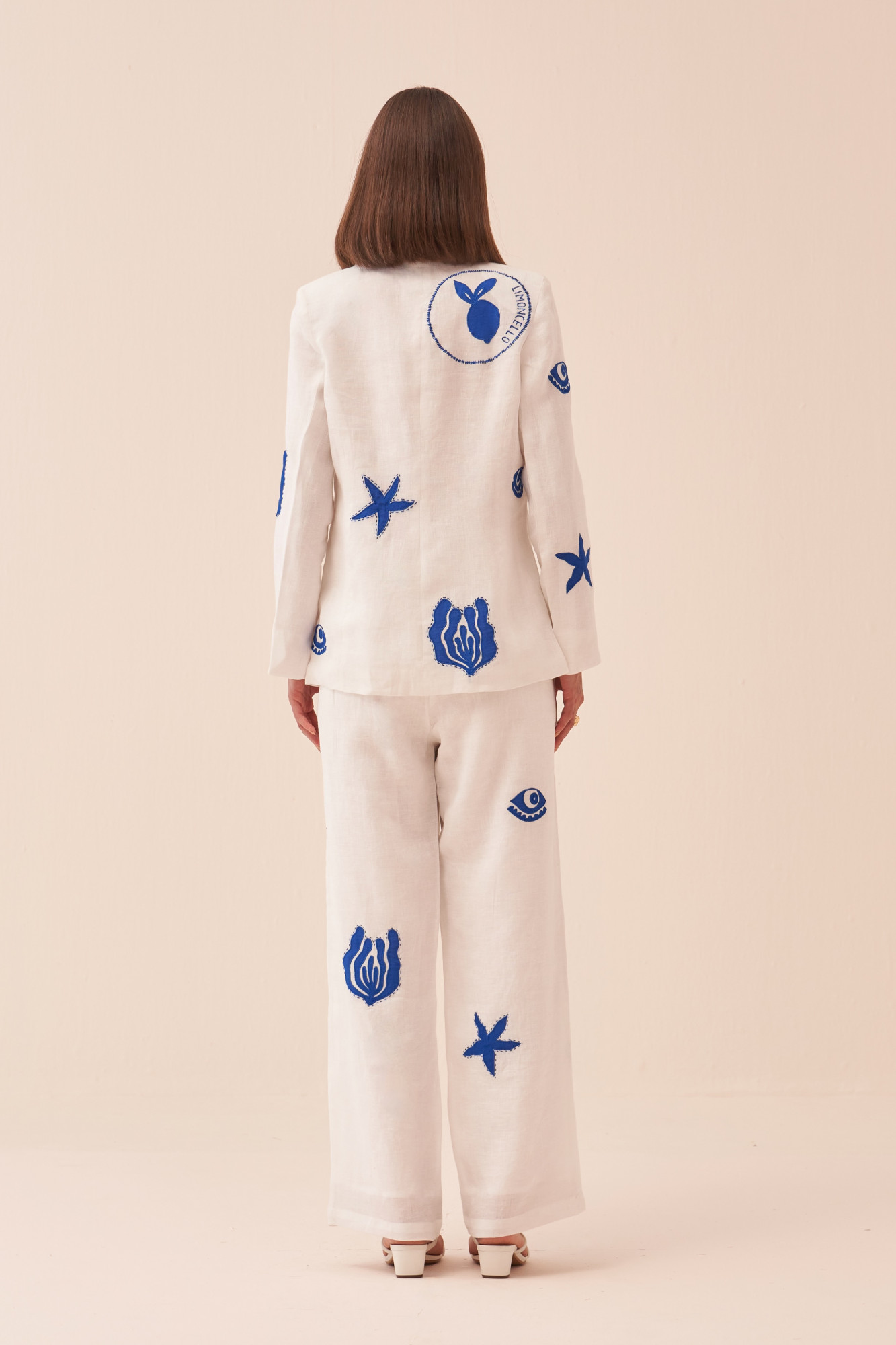 CASABLANCA WHITE COTTON LINEN JACKET AND PANT CO-ORD SET WITH BLUE COLOUR APPLIQUE EMBROIDERY