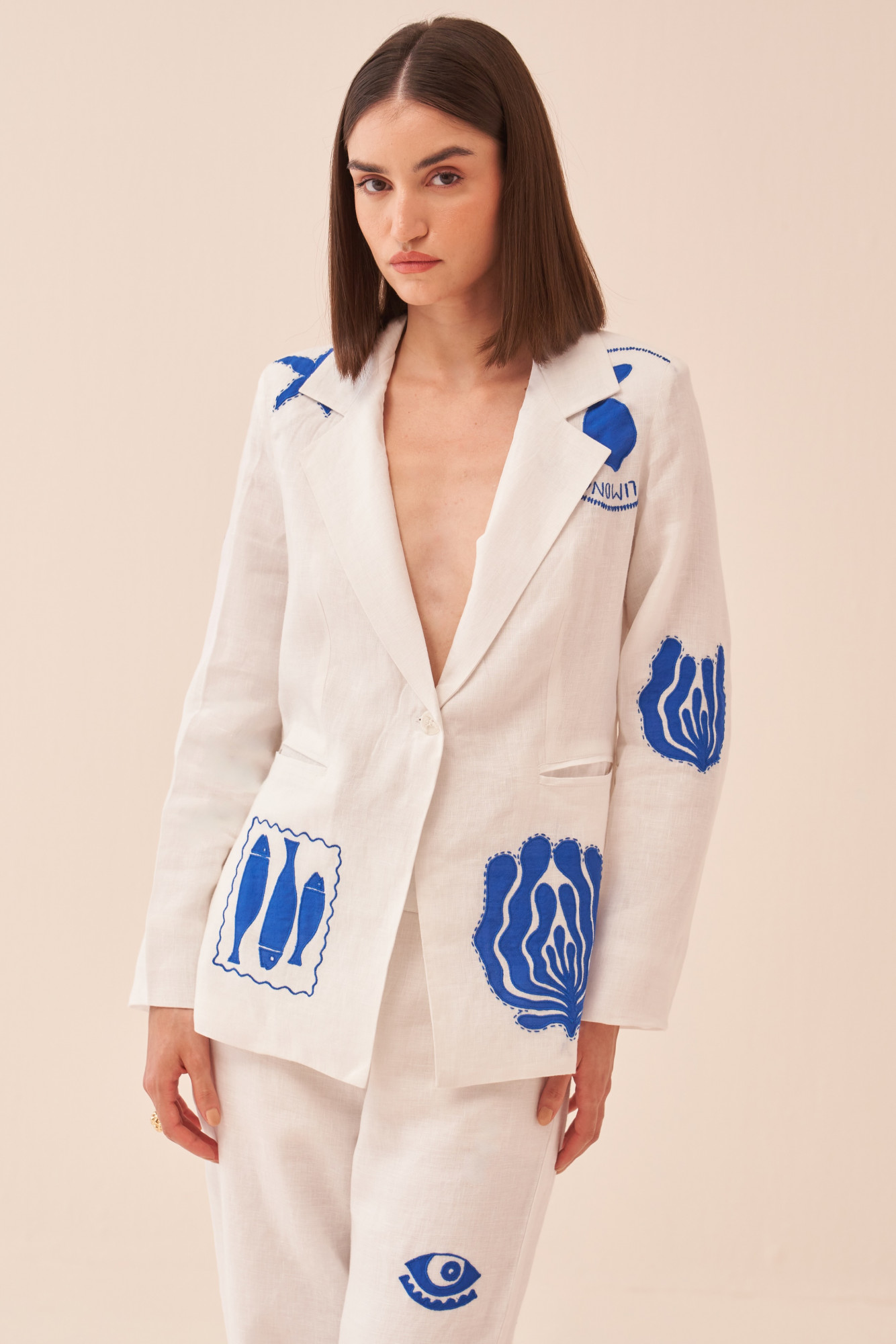 CASABLANCA WHITE COTTON LINEN JACKET AND PANT CO-ORD SET WITH BLUE COLOUR APPLIQUE EMBROIDERY