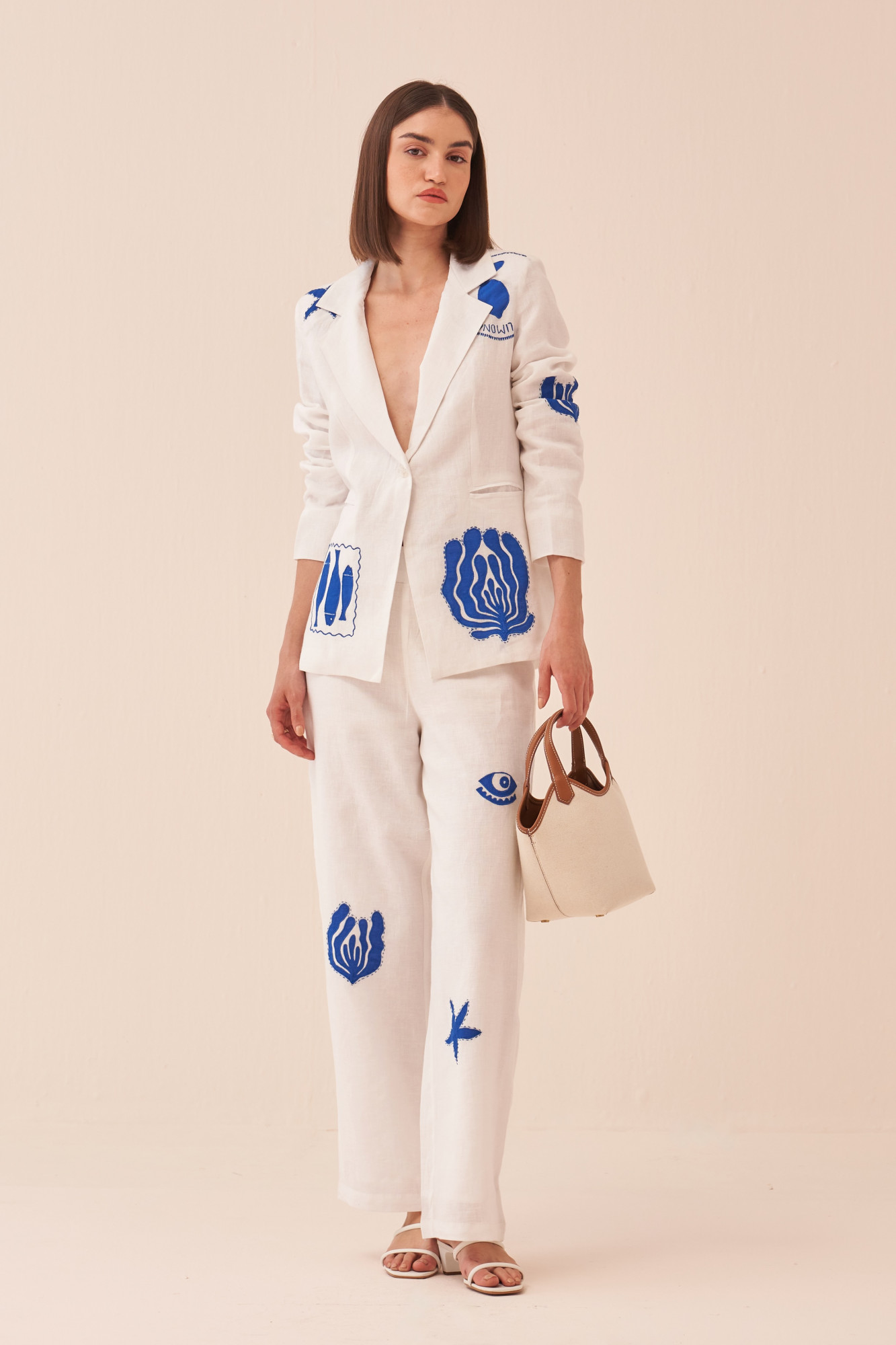 CASABLANCA WHITE COTTON LINEN JACKET AND PANT CO-ORD SET WITH BLUE COLOUR APPLIQUE EMBROIDERY