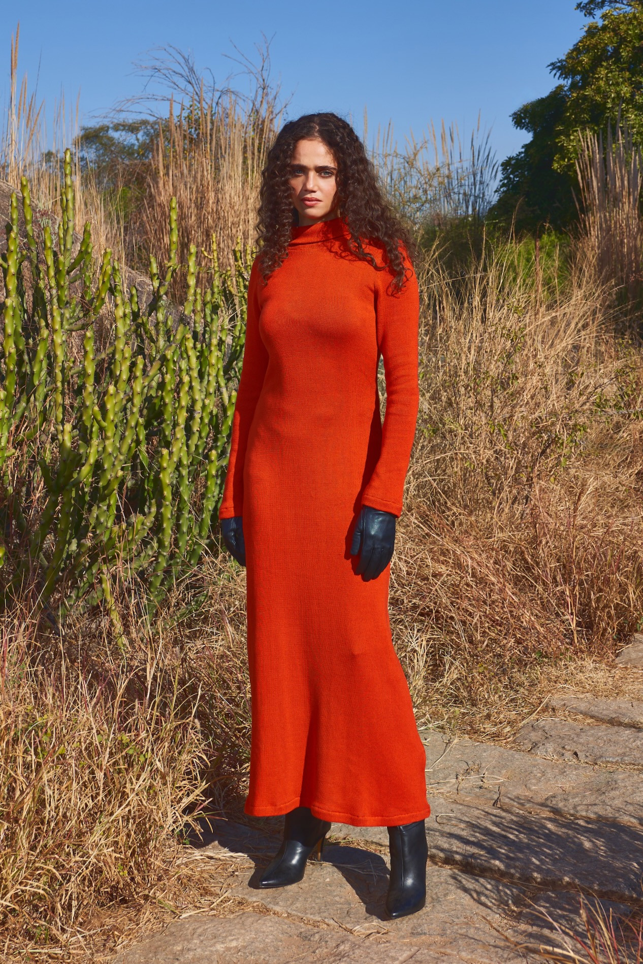 MATERIAL GIRL 03 SAFFRON COLOR ACRYLIC WOOL LONG MAXI WINTER DRESS
