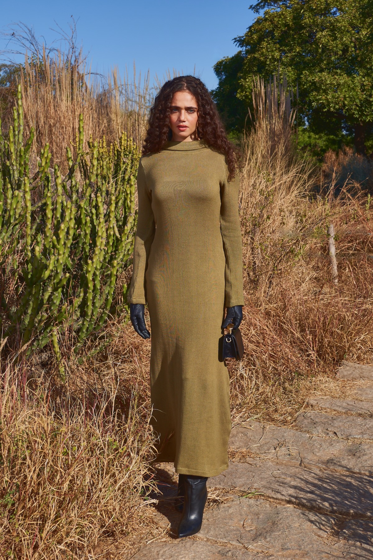 MATERIAL GIRL 03 OLIVE COLOR ACRYLIC WOOL LONG MAXI WINTER DRESS