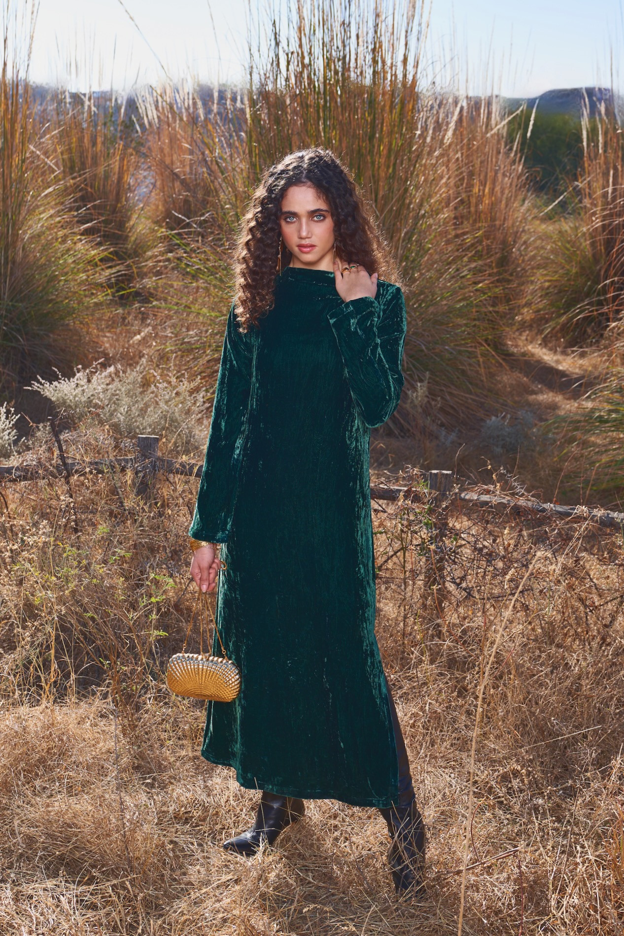 MATERIAL GIRL 03 BOTTLE GREEN SILK VELVET LONG MIDI LENGTH WINTER DRESS