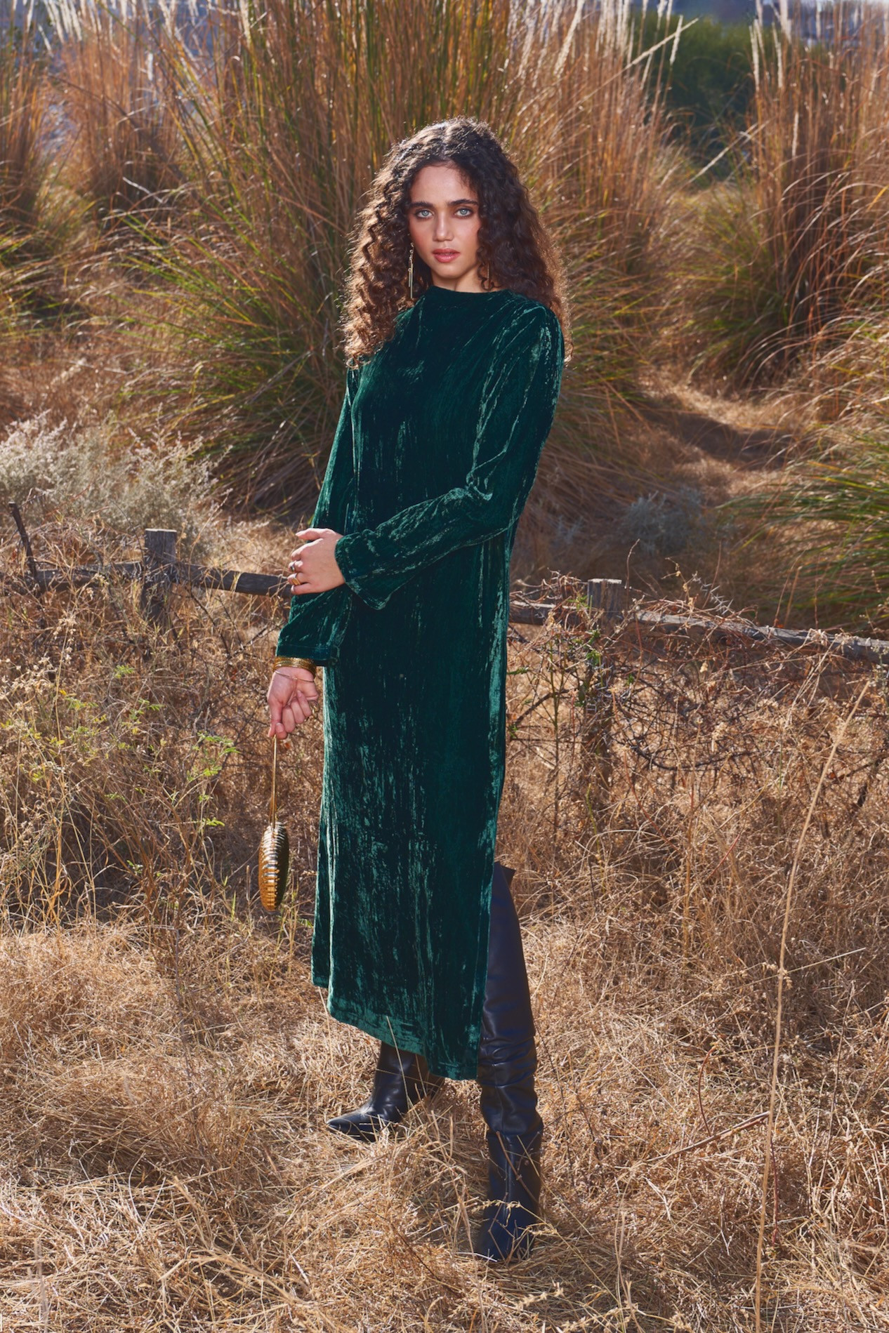 MATERIAL GIRL 03 BOTTLE GREEN SILK VELVET LONG MIDI LENGTH WINTER DRESS