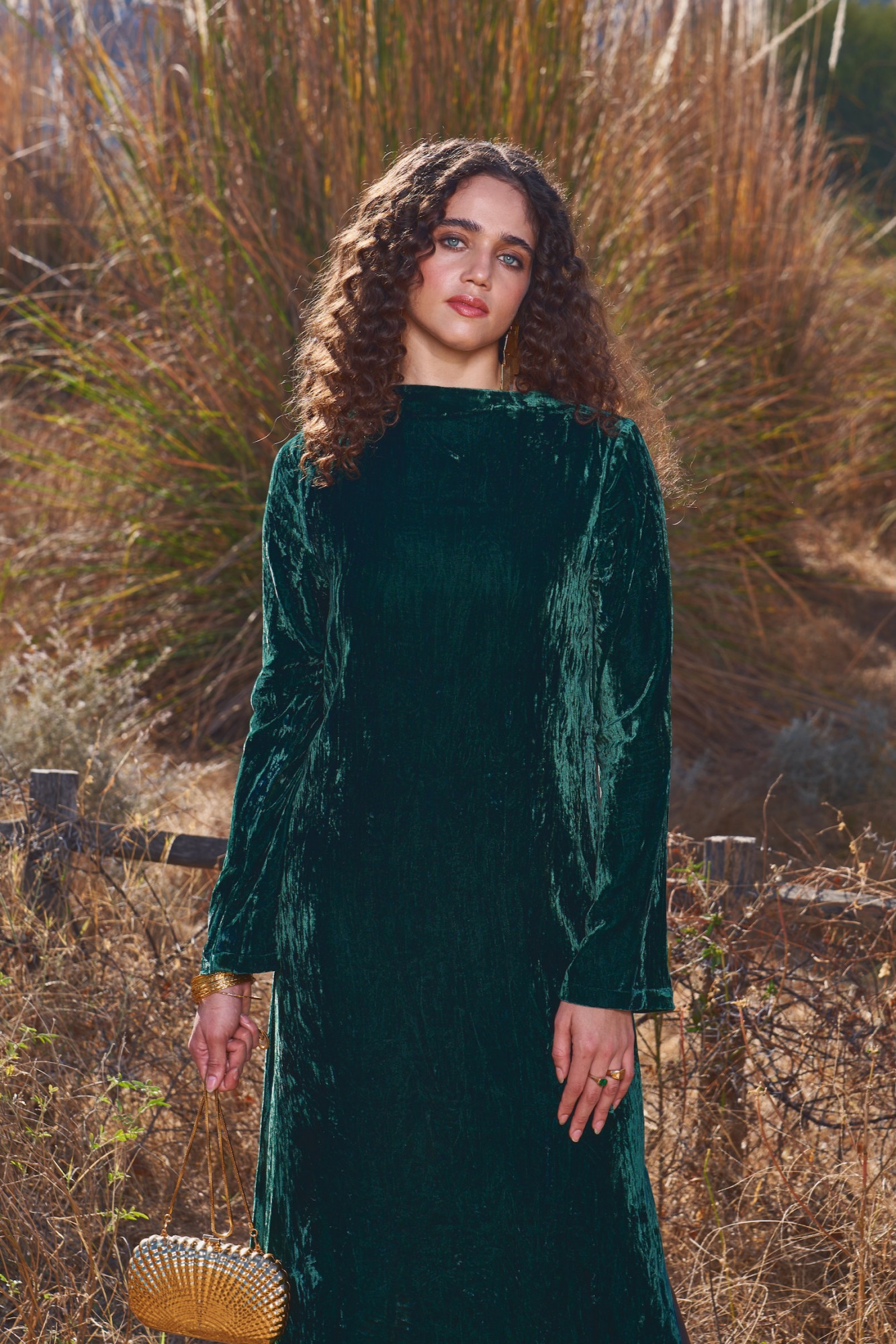 MATERIAL GIRL 03 BOTTLE GREEN SILK VELVET LONG MIDI LENGTH WINTER DRESS