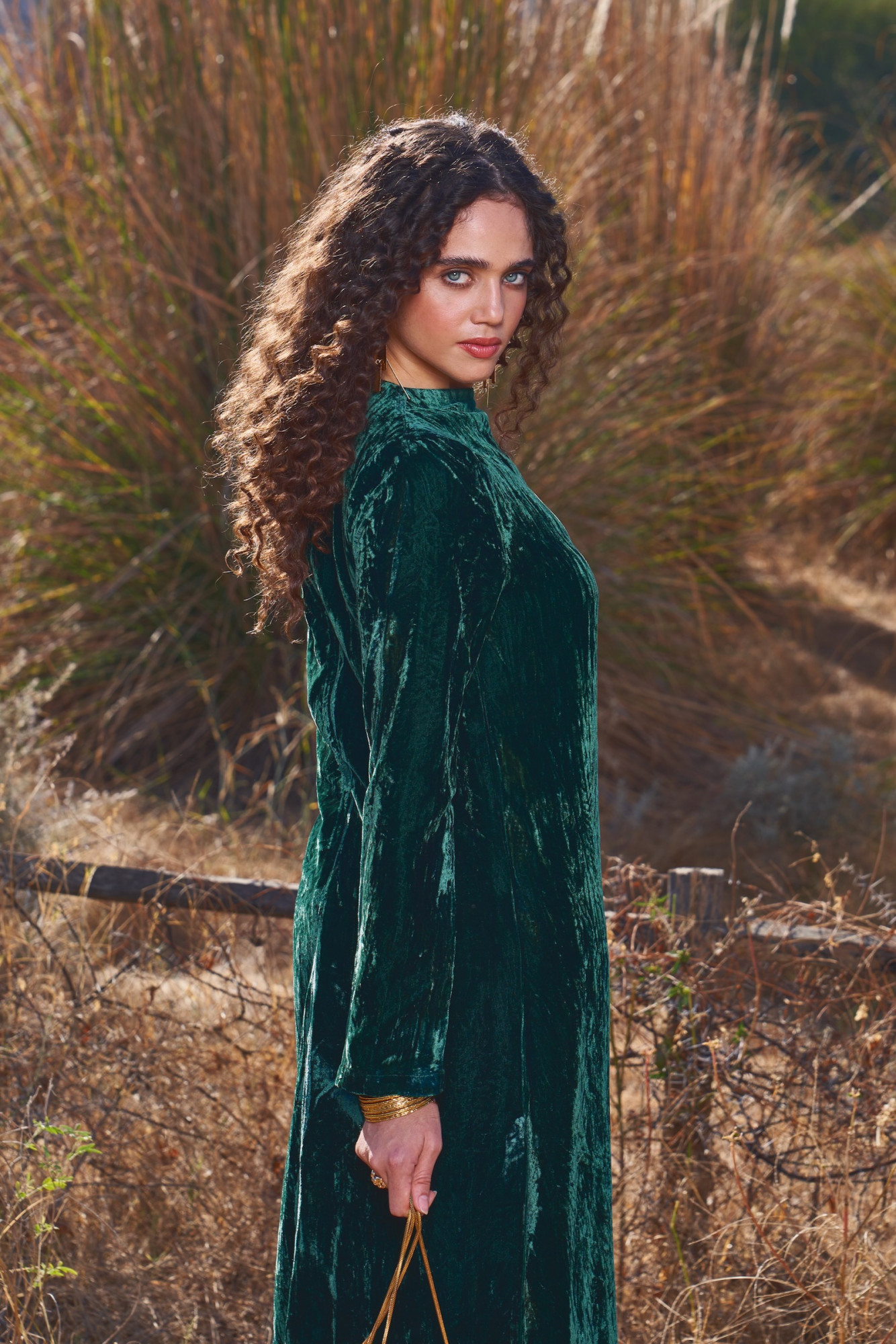 MATERIAL GIRL 03 BOTTLE GREEN SILK VELVET LONG MIDI LENGTH WINTER DRESS