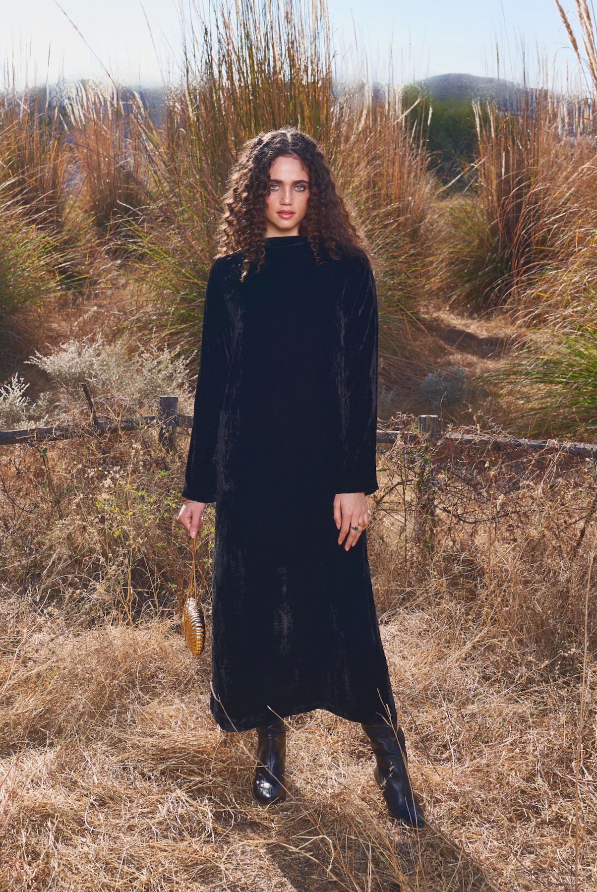MATERIAL GIRL 03 SOLID BLACK SILK VELVET LONG WINTER DRESS