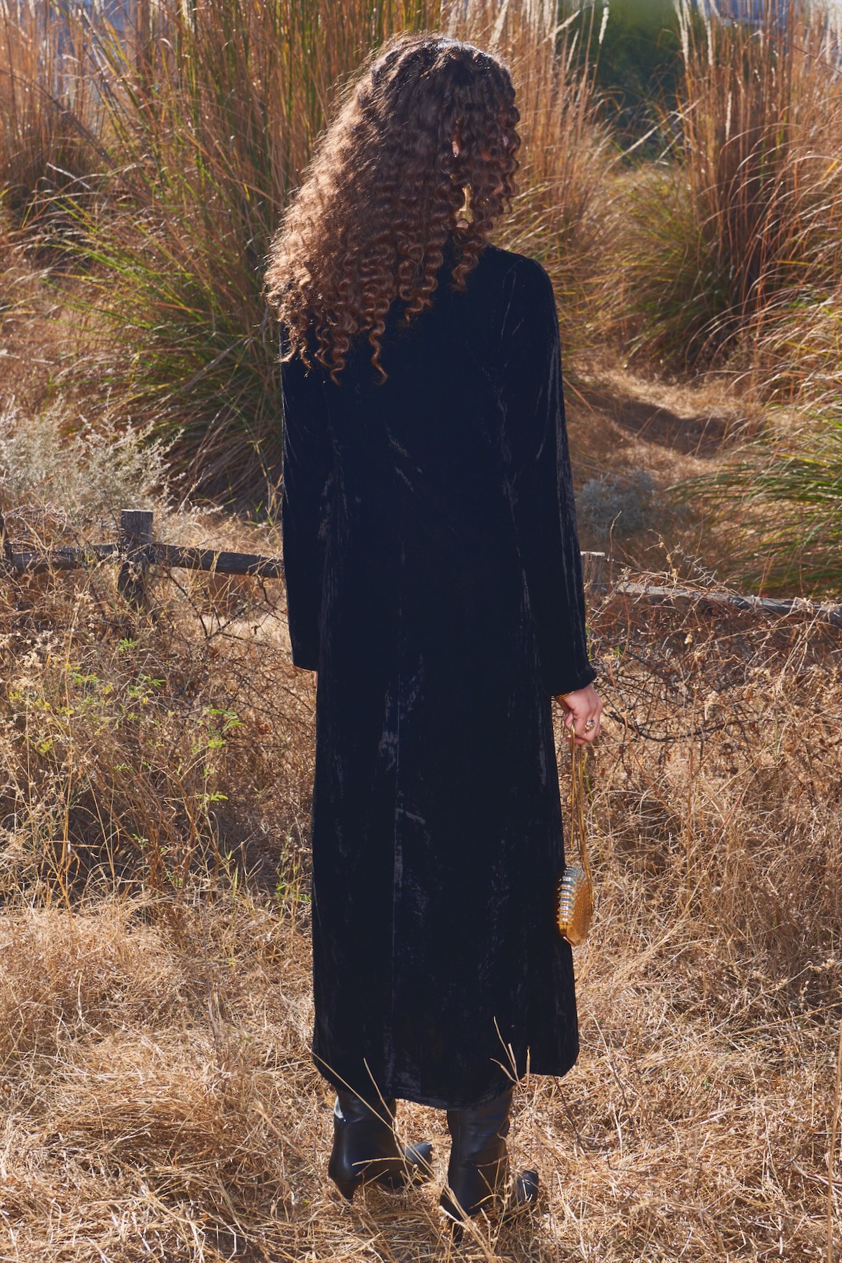 MATERIAL GIRL 03 SOLID BLACK SILK VELVET LONG WINTER DRESS