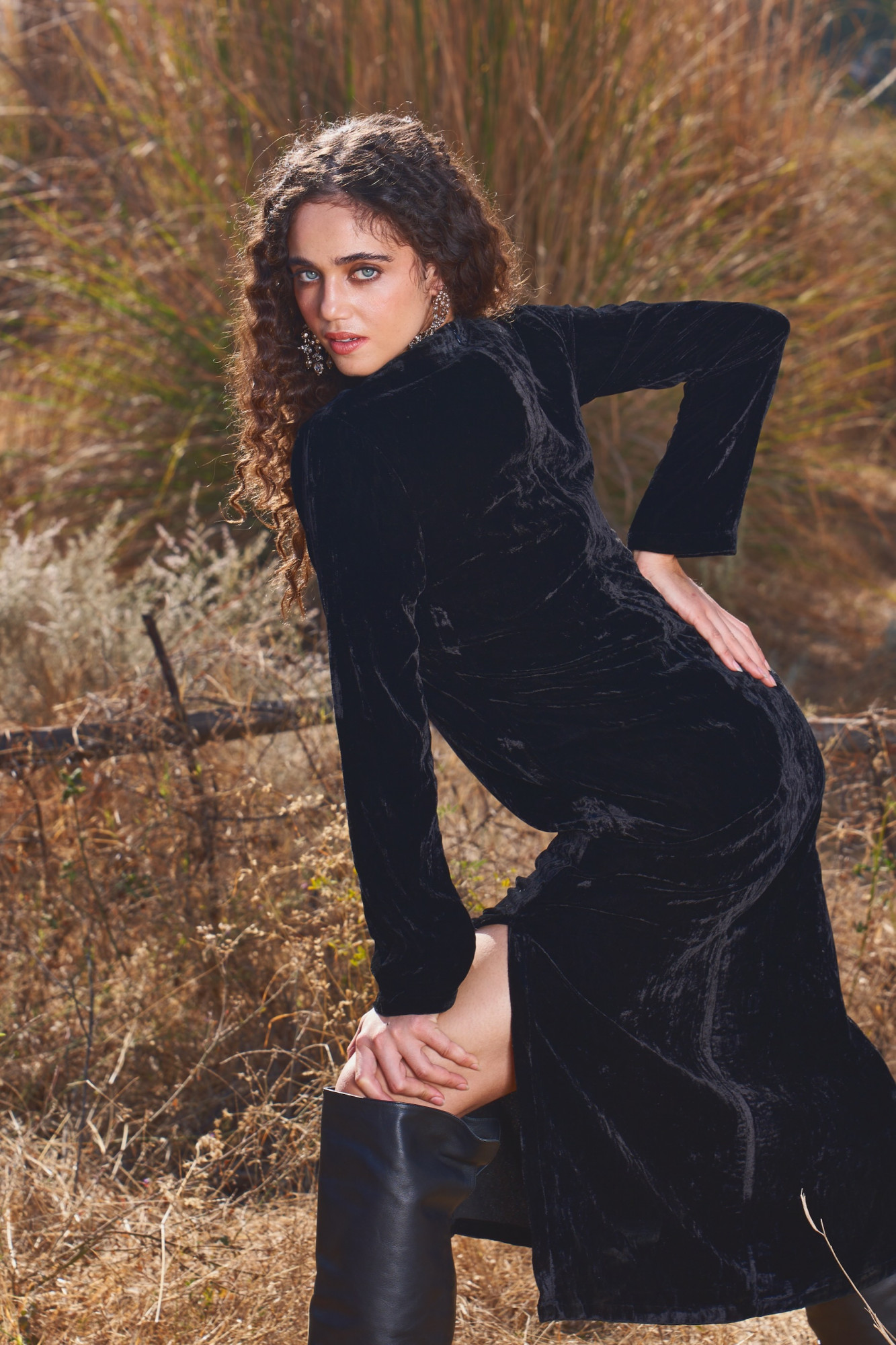 MATERIAL GIRL 03 SOLID BLACK SILK VELVET LONG WINTER DRESS