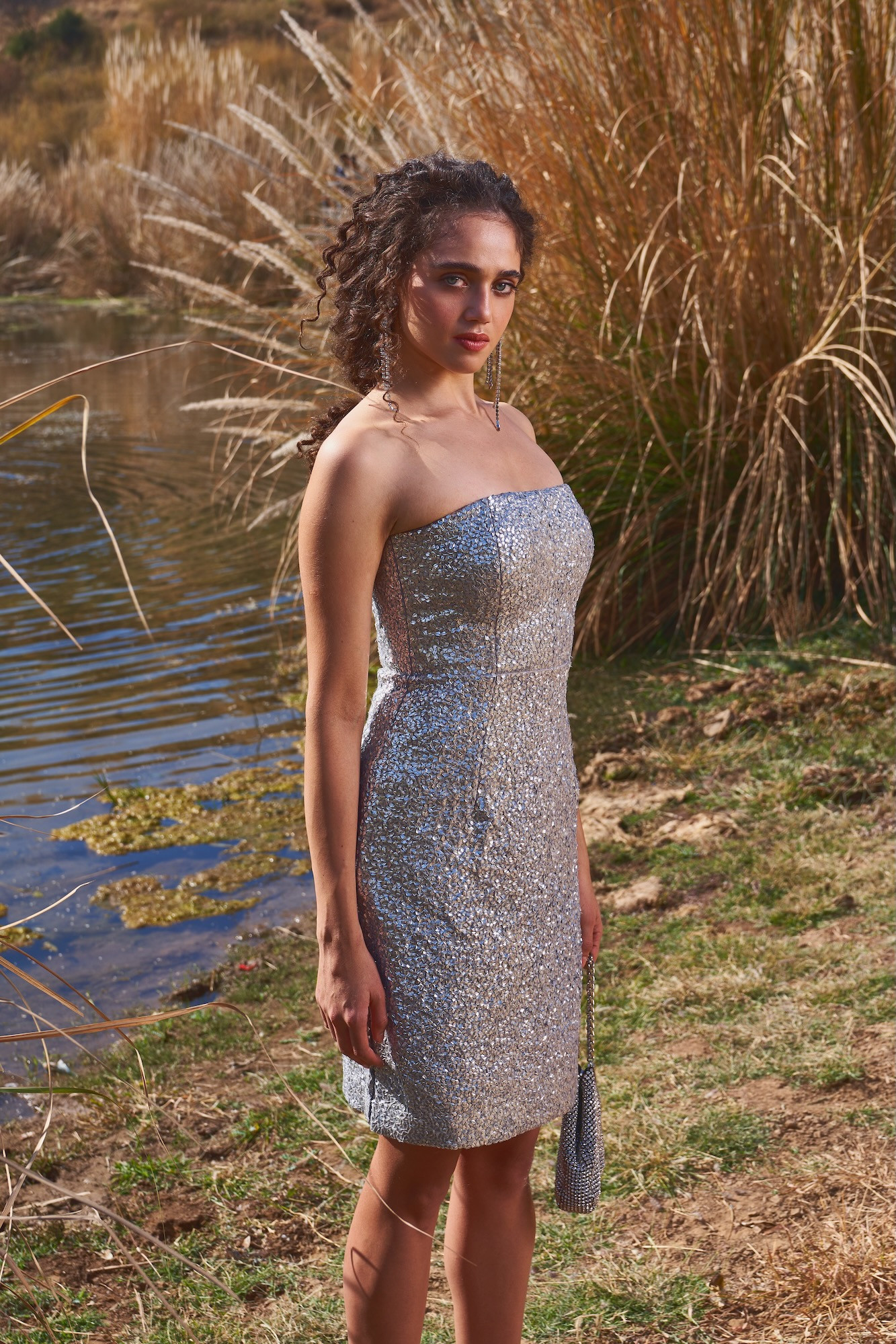 MATERIAL GIRL 03 SILVER SEQUIN CORSET OFF SHOULDER PARTY DRESS