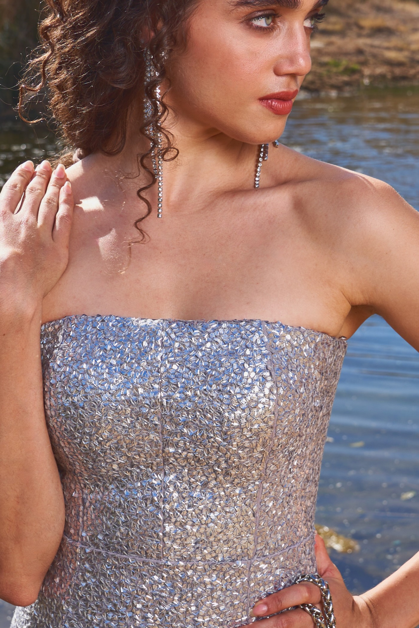 MATERIAL GIRL 03 SILVER SEQUIN CORSET OFF SHOULDER PARTY DRESS