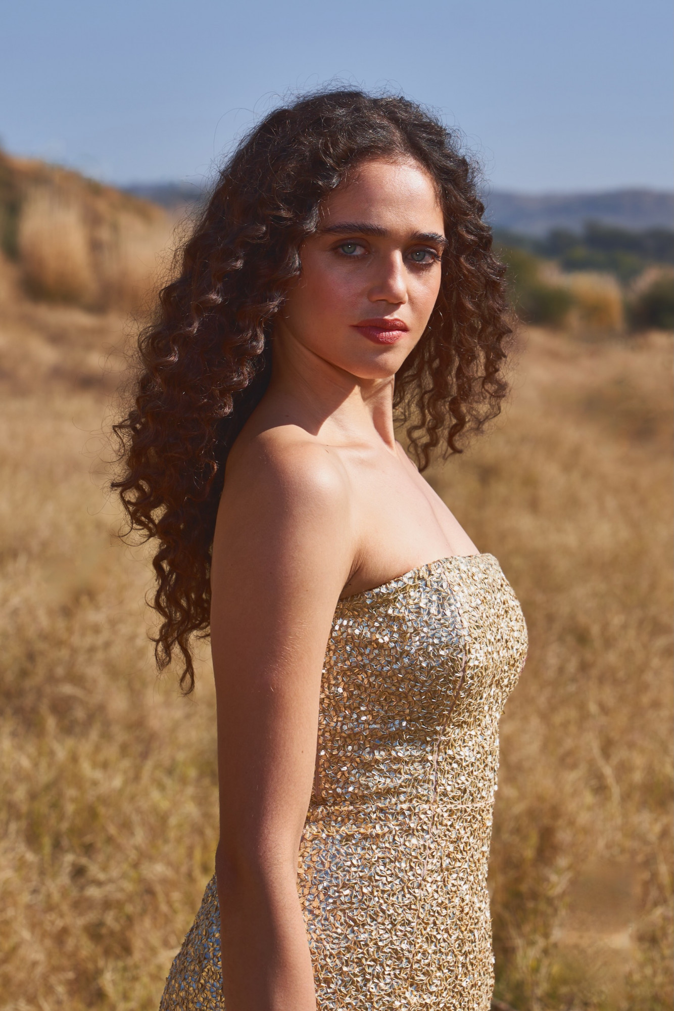 MATERIAL GIRL 03 GOLD SEQUIN HAND EMBROIDERED OFF SHOULDER CORSET DRESS