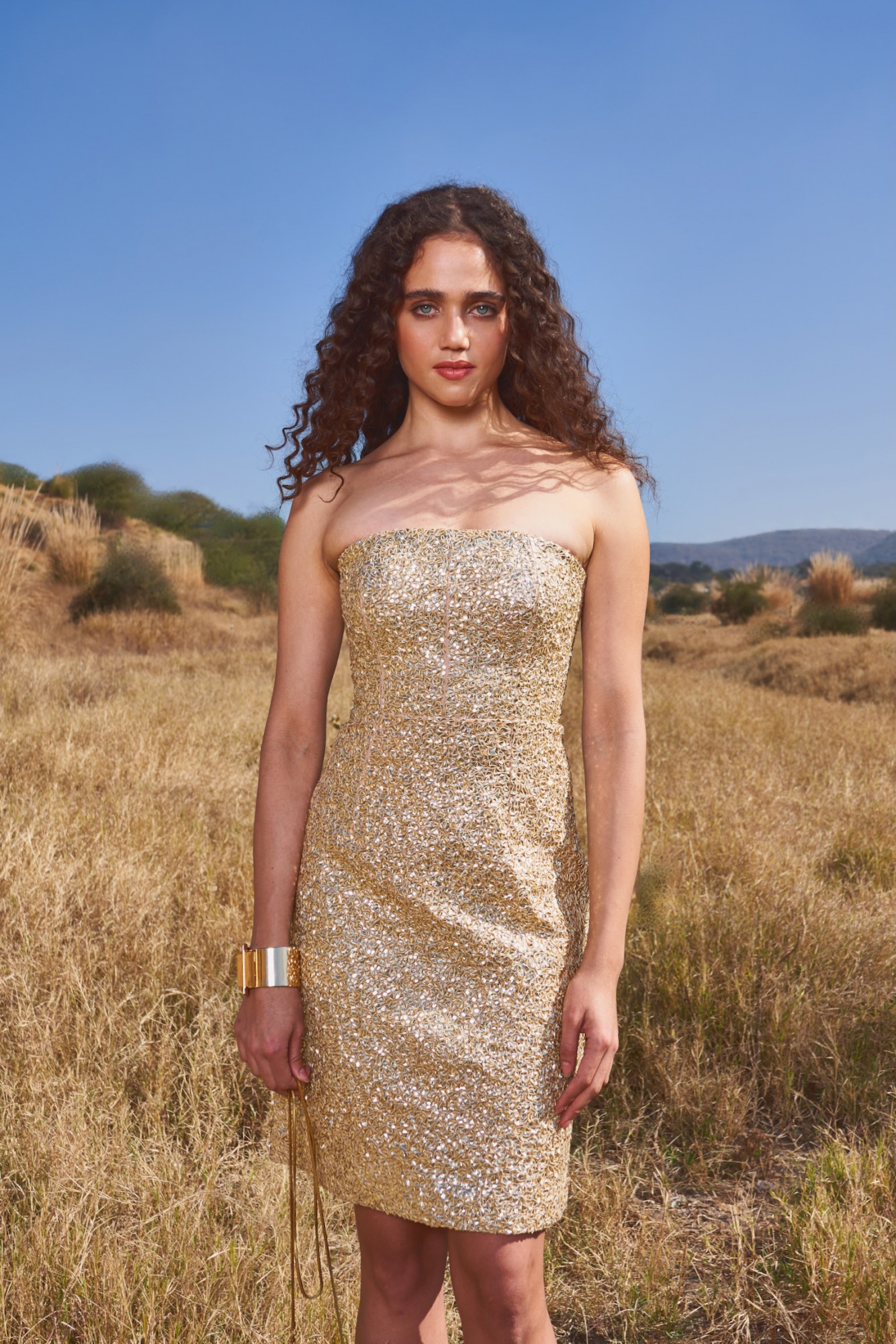 MATERIAL GIRL 03 GOLD SEQUIN HAND EMBROIDERED OFF SHOULDER CORSET DRESS