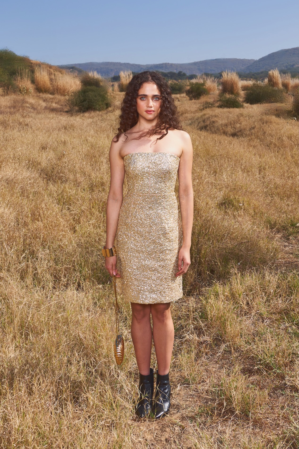 MATERIAL GIRL 03 GOLD SEQUIN HAND EMBROIDERED OFF SHOULDER CORSET DRESS