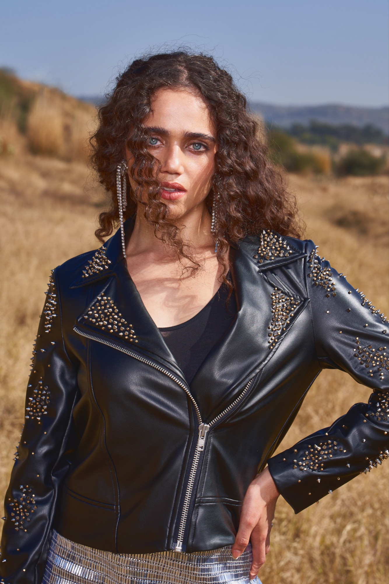 MATERIAL GIRL 03 BLACK FAUX LEATHER STUDDED WINTER JACKET