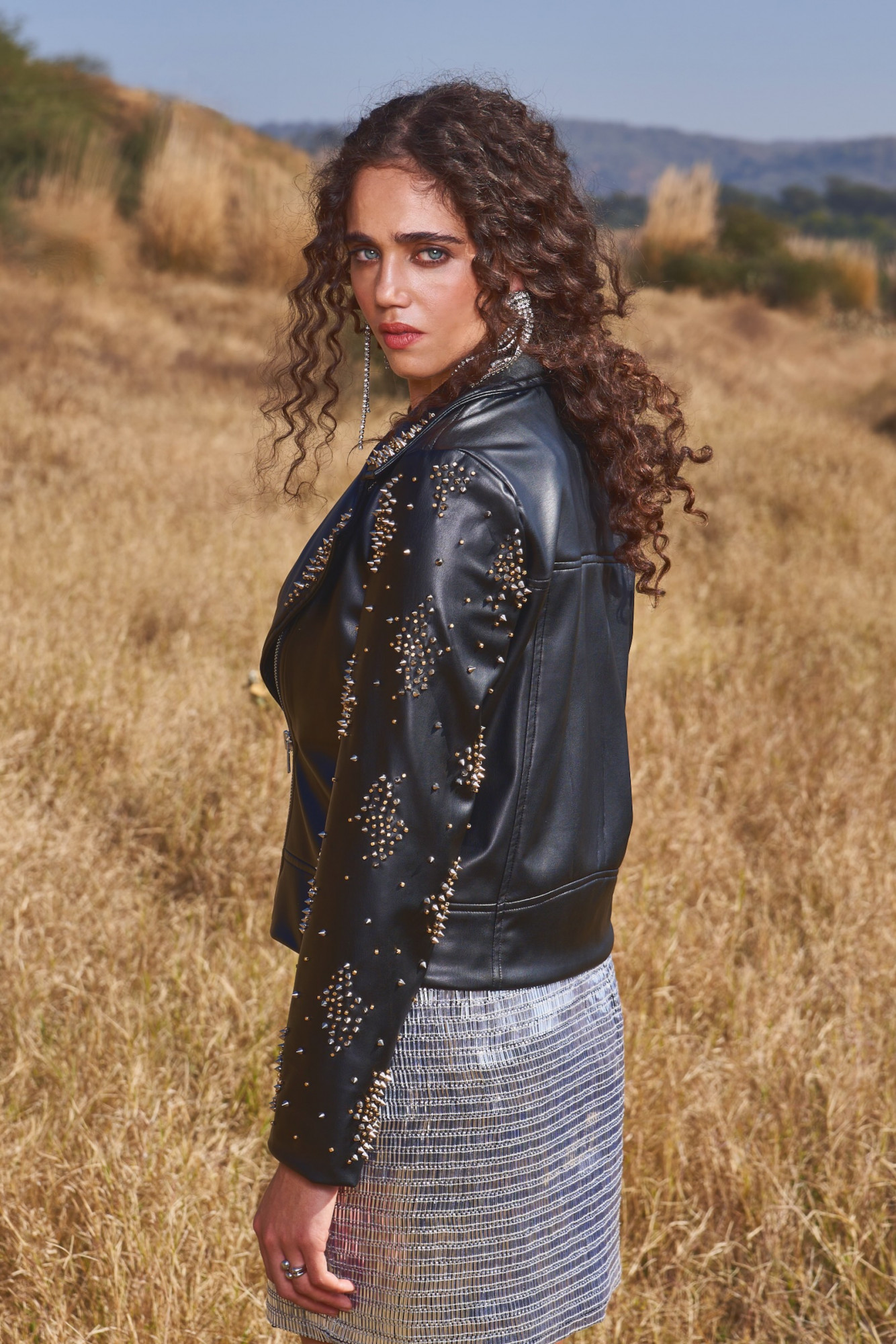 MATERIAL GIRL 03 BLACK FAUX LEATHER STUDDED WINTER JACKET