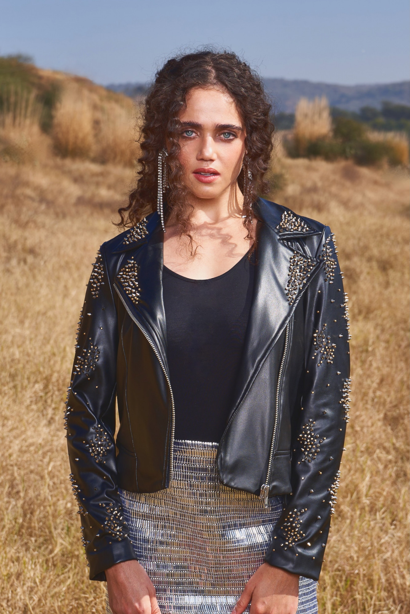 MATERIAL GIRL 03 BLACK FAUX LEATHER STUDDED WINTER JACKET
