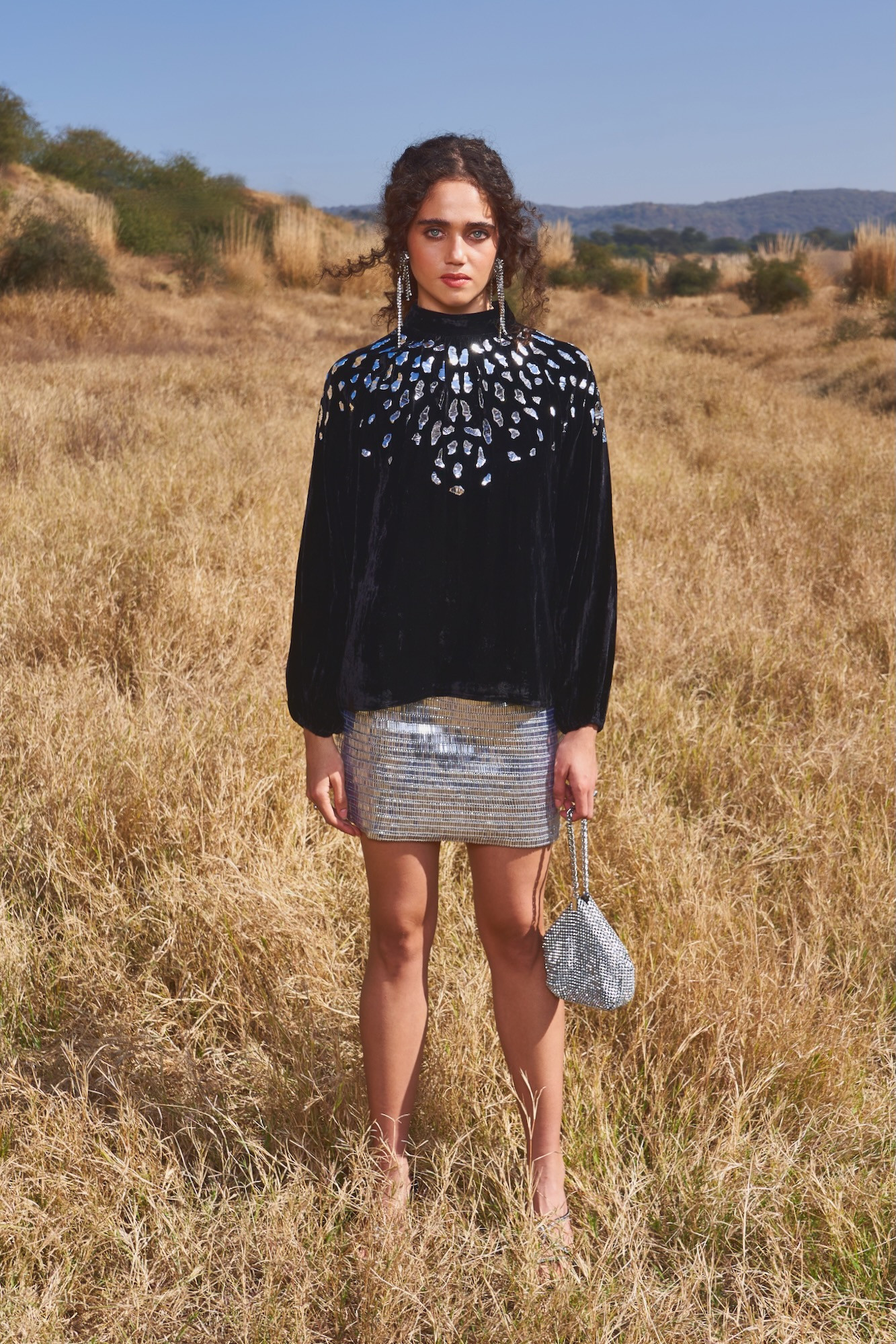 MATERIAL GIRL 03 BLACK SILK VELVET TOP WITH METAL THREAD HAND EMBROIDERY