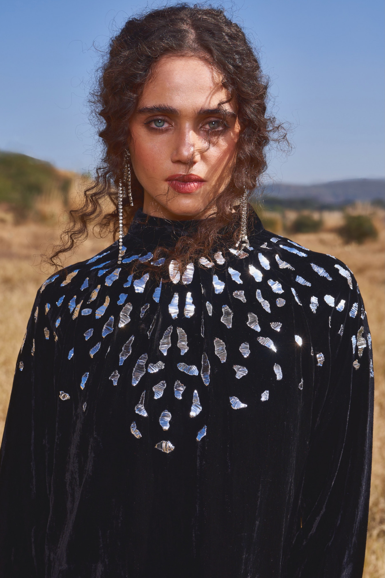 MATERIAL GIRL 03 BLACK SILK VELVET TOP WITH METAL THREAD HAND EMBROIDERY