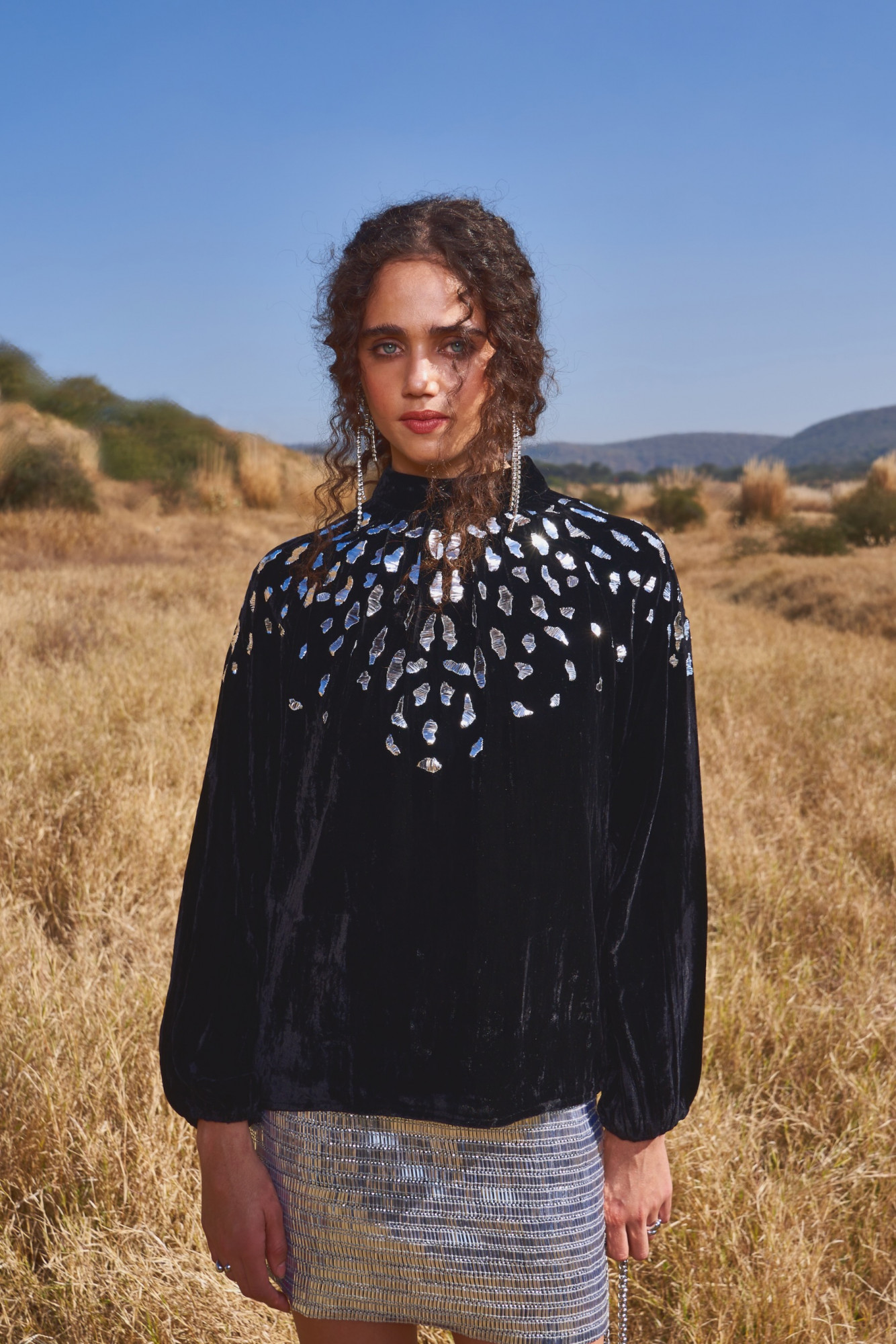 MATERIAL GIRL 03 BLACK SILK VELVET TOP WITH METAL THREAD HAND EMBROIDERY