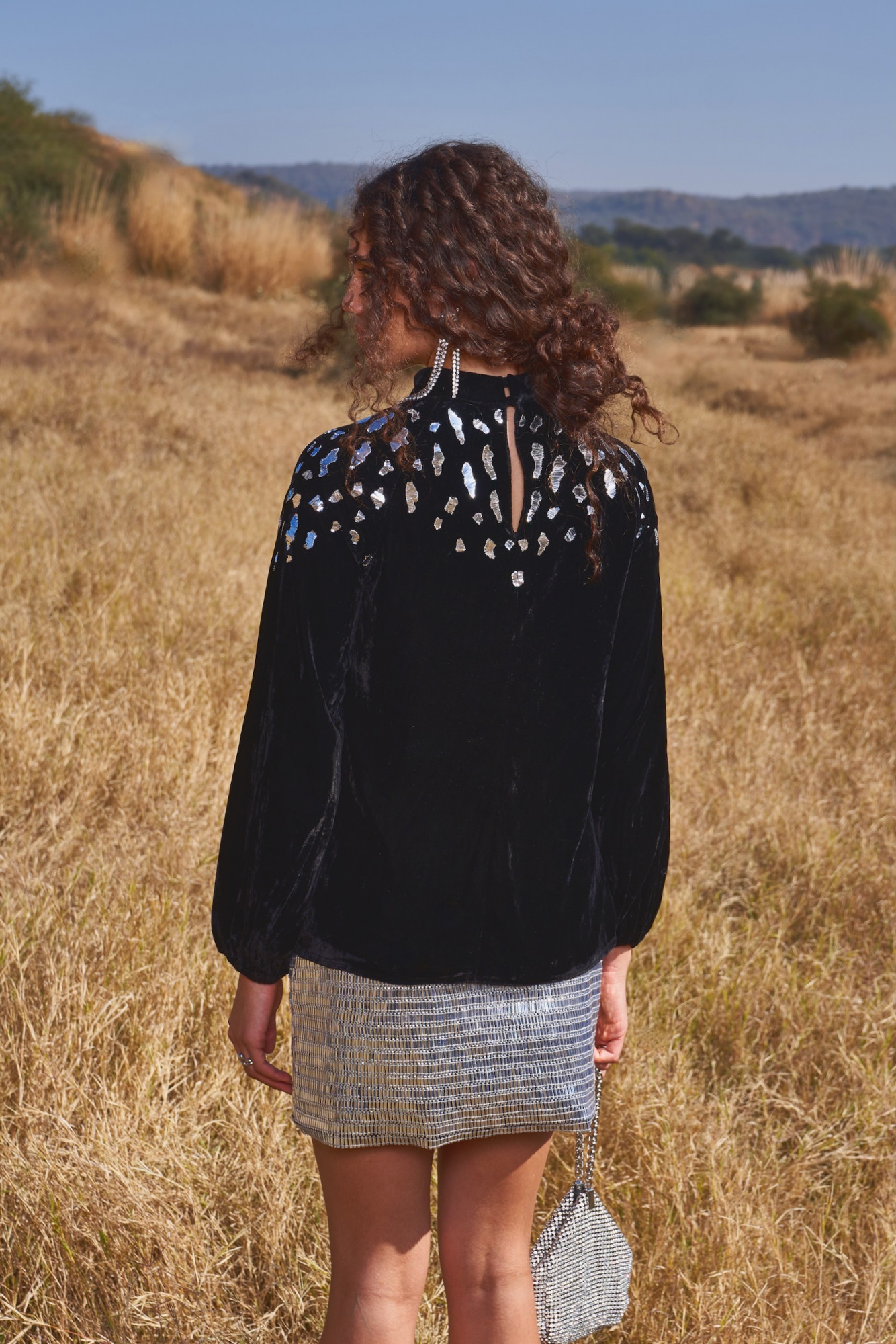 MATERIAL GIRL 03 BLACK SILK VELVET TOP WITH METAL THREAD HAND EMBROIDERY