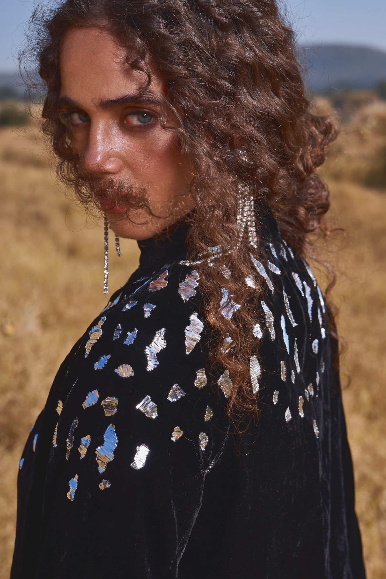 MATERIAL GIRL 03 BLACK SILK VELVET TOP WITH METAL THREAD HAND EMBROIDERY