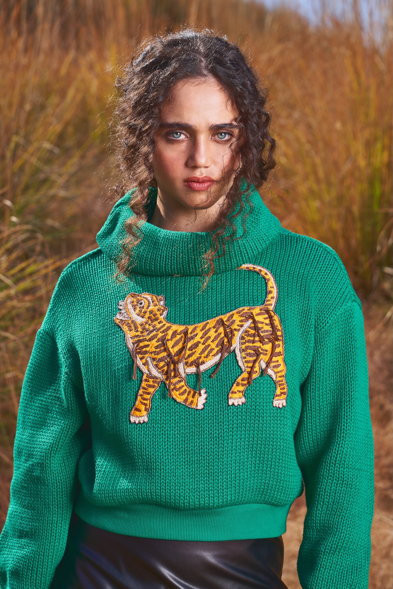 MATERIAL GIRL 03 GREEN COLOR SWEATER WITH THREAD AND DABKA HAND EMBROIDERY