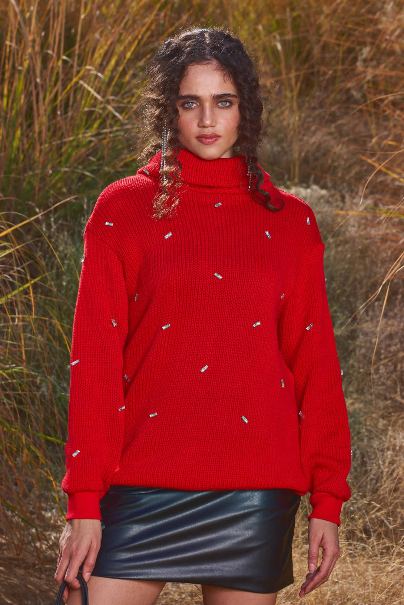 MATERIAL GIRL 03 RED COLOR SWEATER WITH RHINESTONES ALL OVER