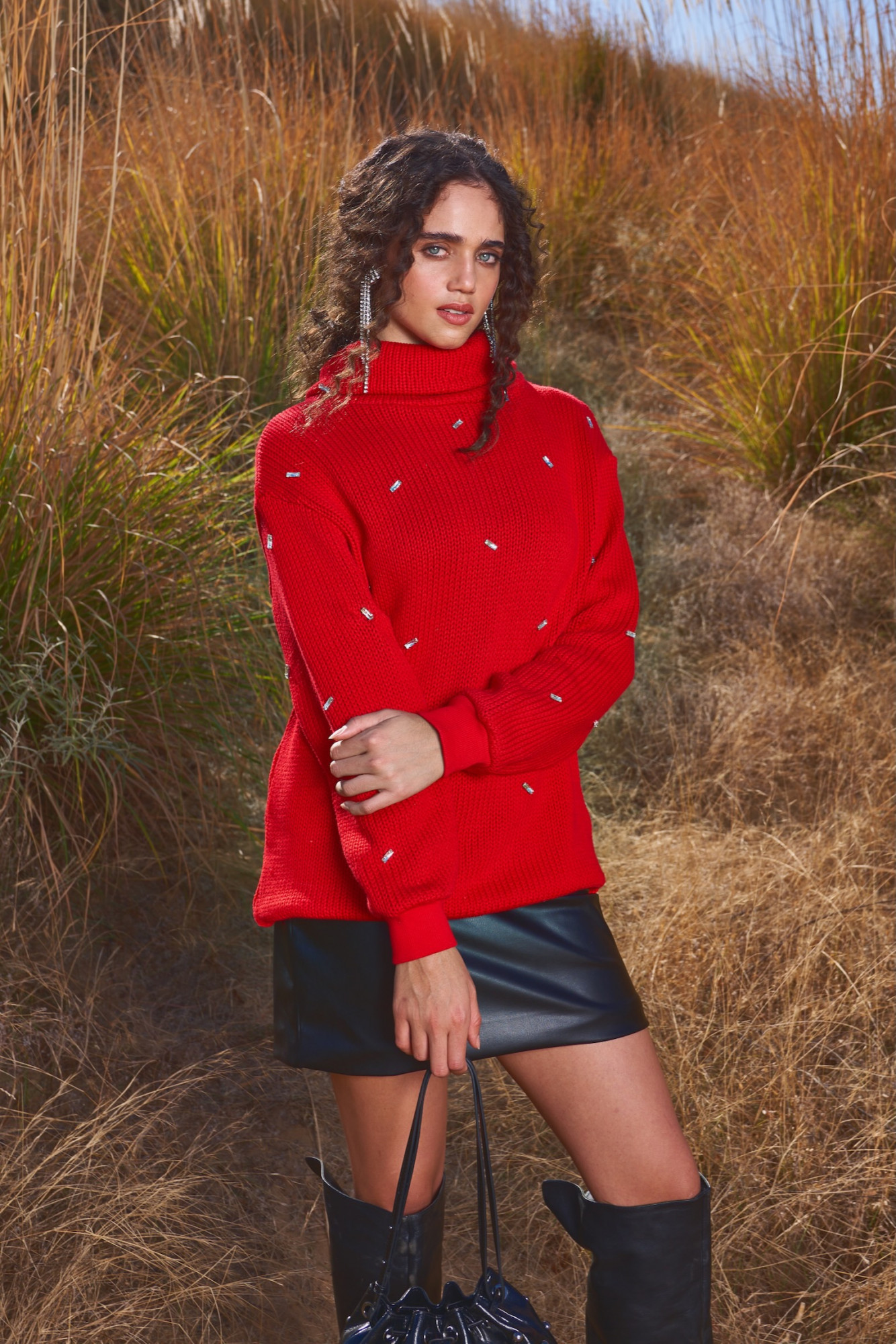 MATERIAL GIRL 03 RED COLOR SWEATER WITH RHINESTONES ALL OVER