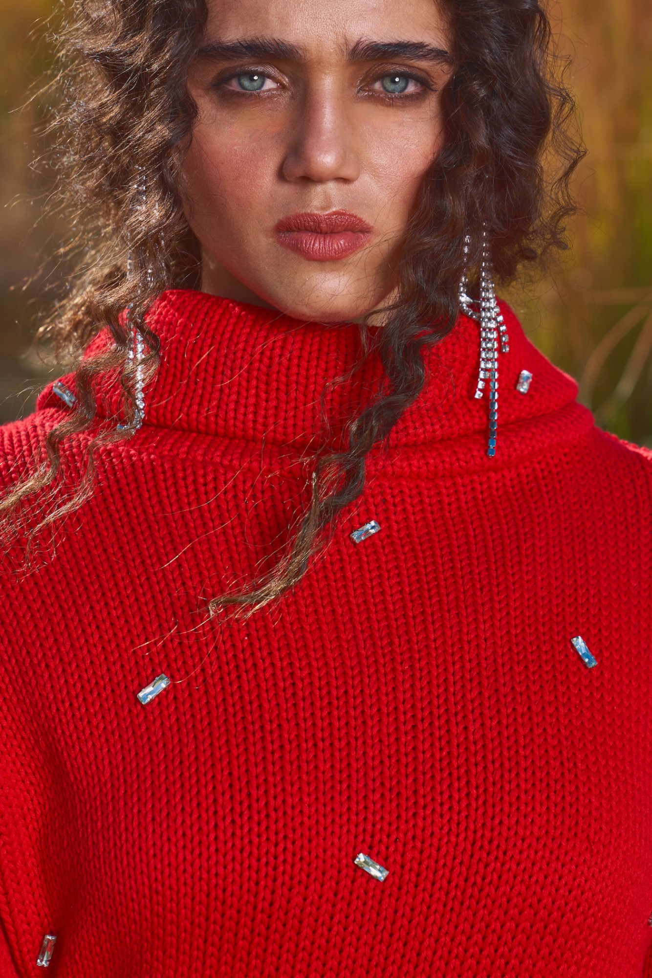 MATERIAL GIRL 03 RED COLOR SWEATER WITH RHINESTONES ALL OVER