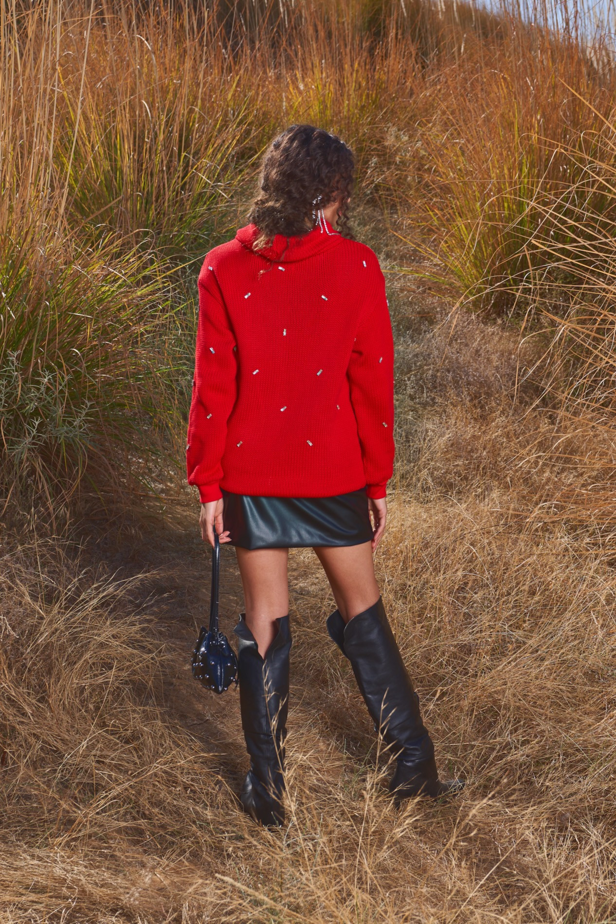 MATERIAL GIRL 03 RED COLOR SWEATER WITH RHINESTONES ALL OVER