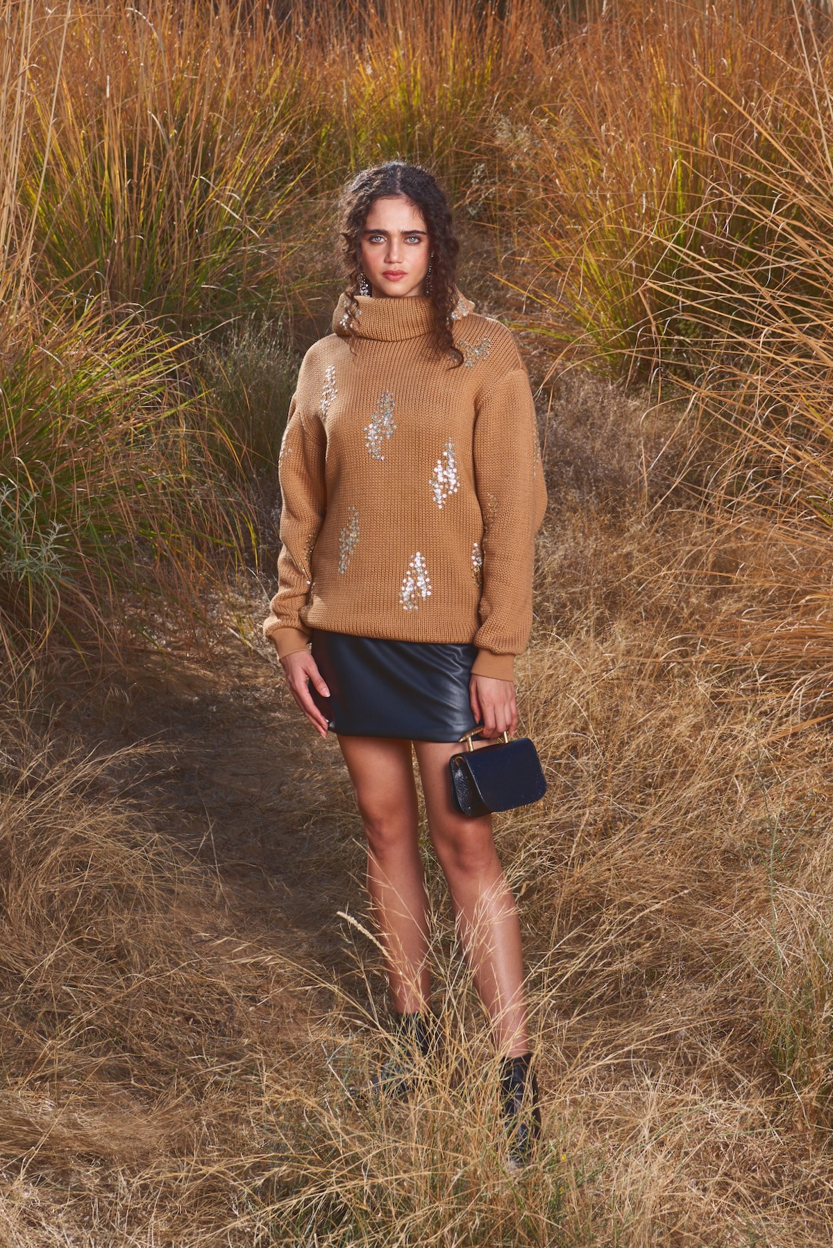 MATERIAL GIRL 03 BROWN COLOR SWEATER WITH GOLD SEQUIN HAND EMBROIDERY ALL OVER