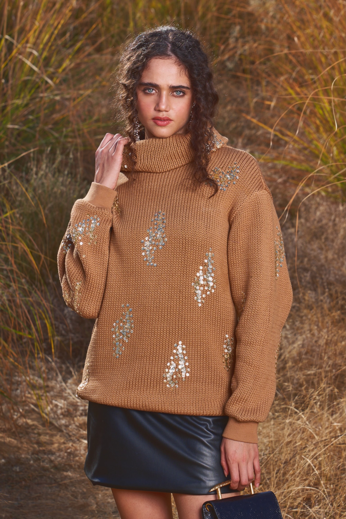 MATERIAL GIRL 03 BROWN COLOR SWEATER WITH GOLD SEQUIN HAND EMBROIDERY ALL OVER