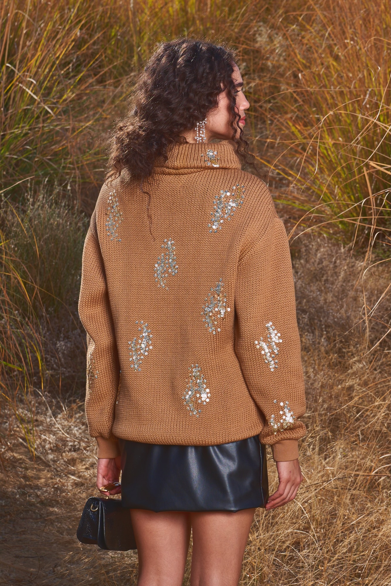 MATERIAL GIRL 03 BROWN COLOR SWEATER WITH GOLD SEQUIN HAND EMBROIDERY ALL OVER