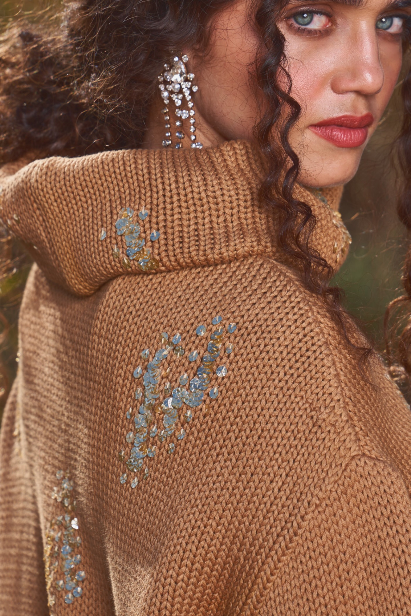 MATERIAL GIRL 03 BROWN COLOR SWEATER WITH GOLD SEQUIN HAND EMBROIDERY ALL OVER