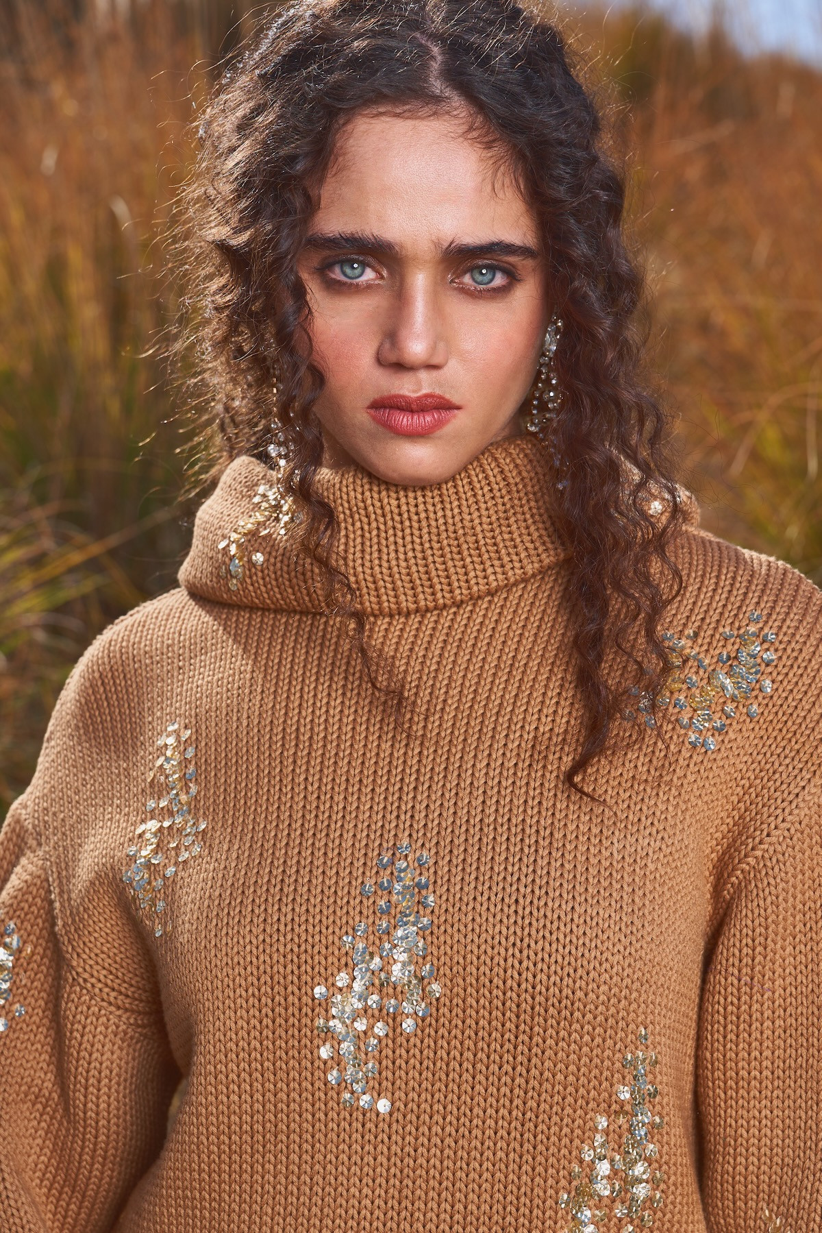 MATERIAL GIRL 03 BROWN COLOR SWEATER WITH GOLD SEQUIN HAND EMBROIDERY ALL OVER