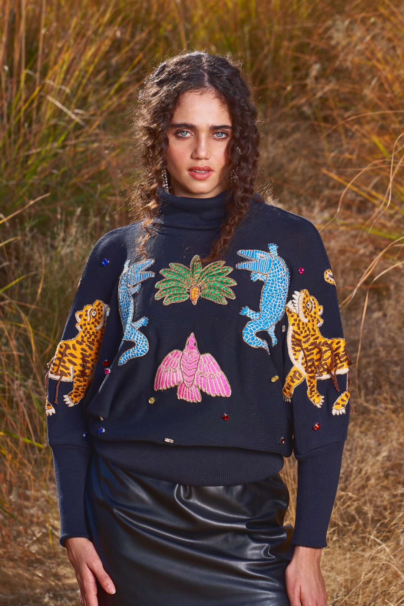 MATERIAL GIRL 03 BLACK SWEATER WITH CHUNKY THREAD DABKA EMBROIDERY WITH RHINE STONES ALL OVER