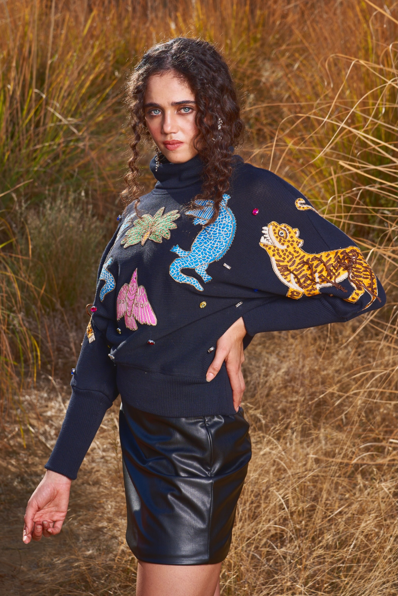 MATERIAL GIRL 03 BLACK SWEATER WITH CHUNKY THREAD DABKA EMBROIDERY WITH RHINE STONES ALL OVER