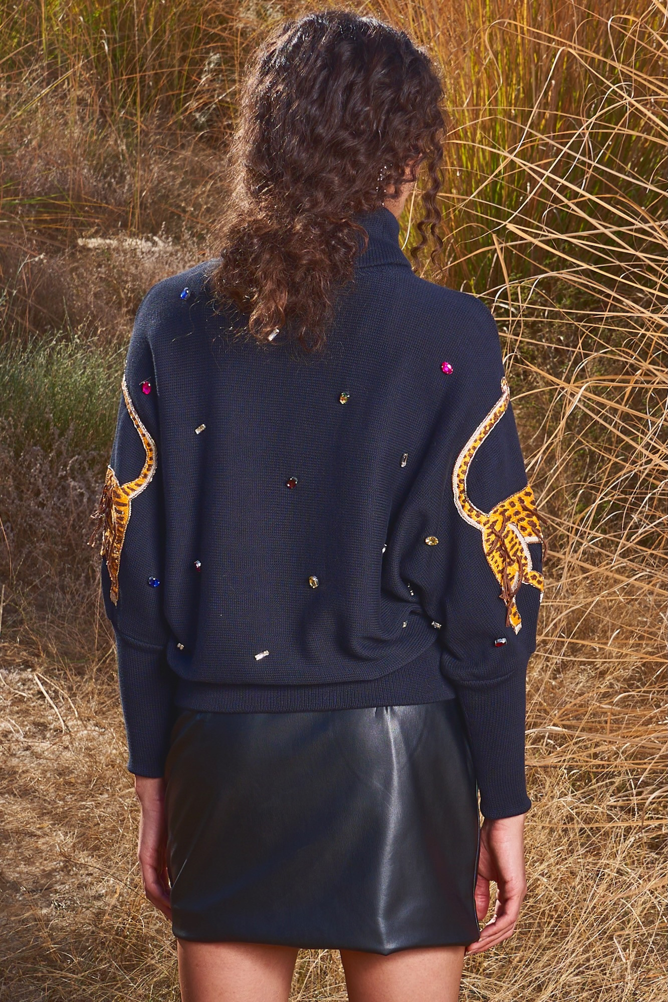 MATERIAL GIRL 03 BLACK SWEATER WITH CHUNKY THREAD DABKA EMBROIDERY WITH RHINE STONES ALL OVER