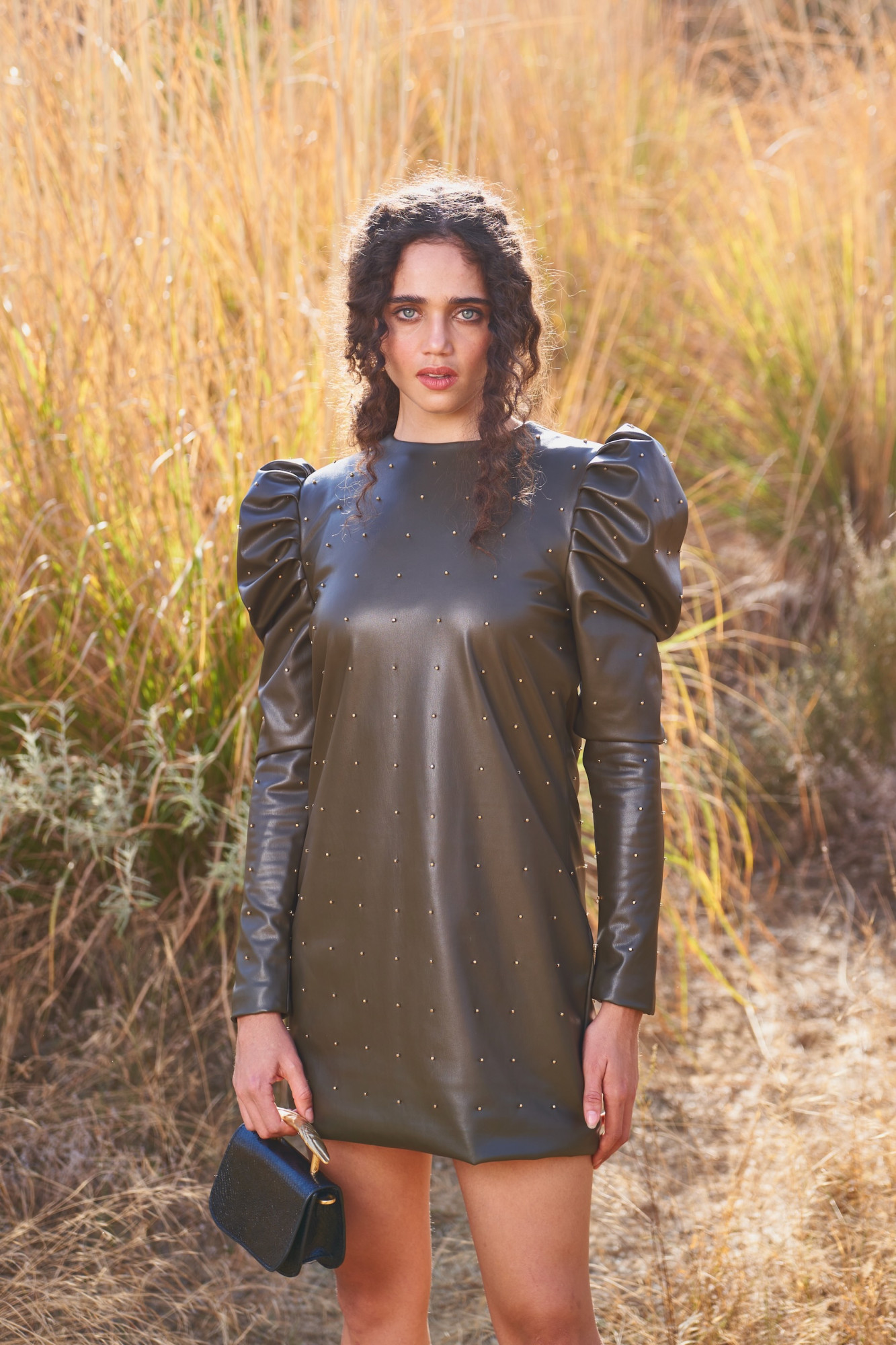 MATERIAL GIRL 03 OLIVE COLOR FAUX LEATHER STUDDED DRESS