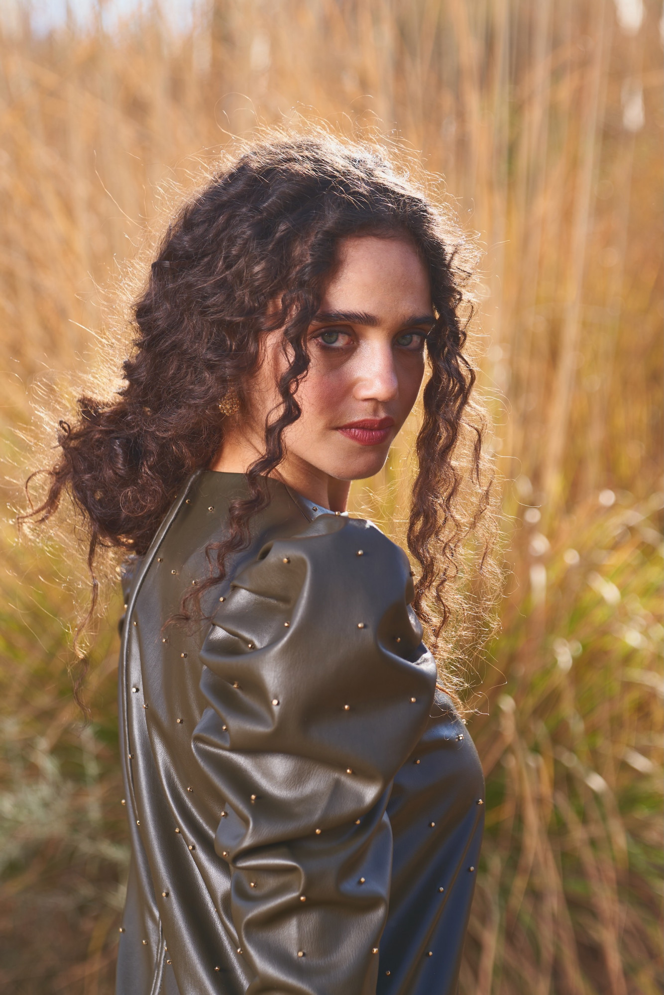 MATERIAL GIRL 03 OLIVE COLOR FAUX LEATHER STUDDED DRESS