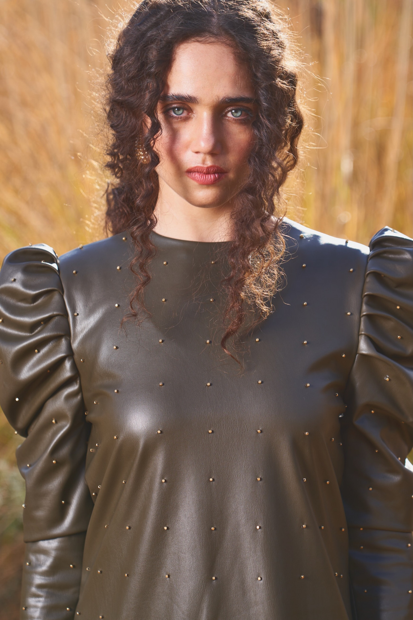 MATERIAL GIRL 03 OLIVE COLOR FAUX LEATHER STUDDED DRESS