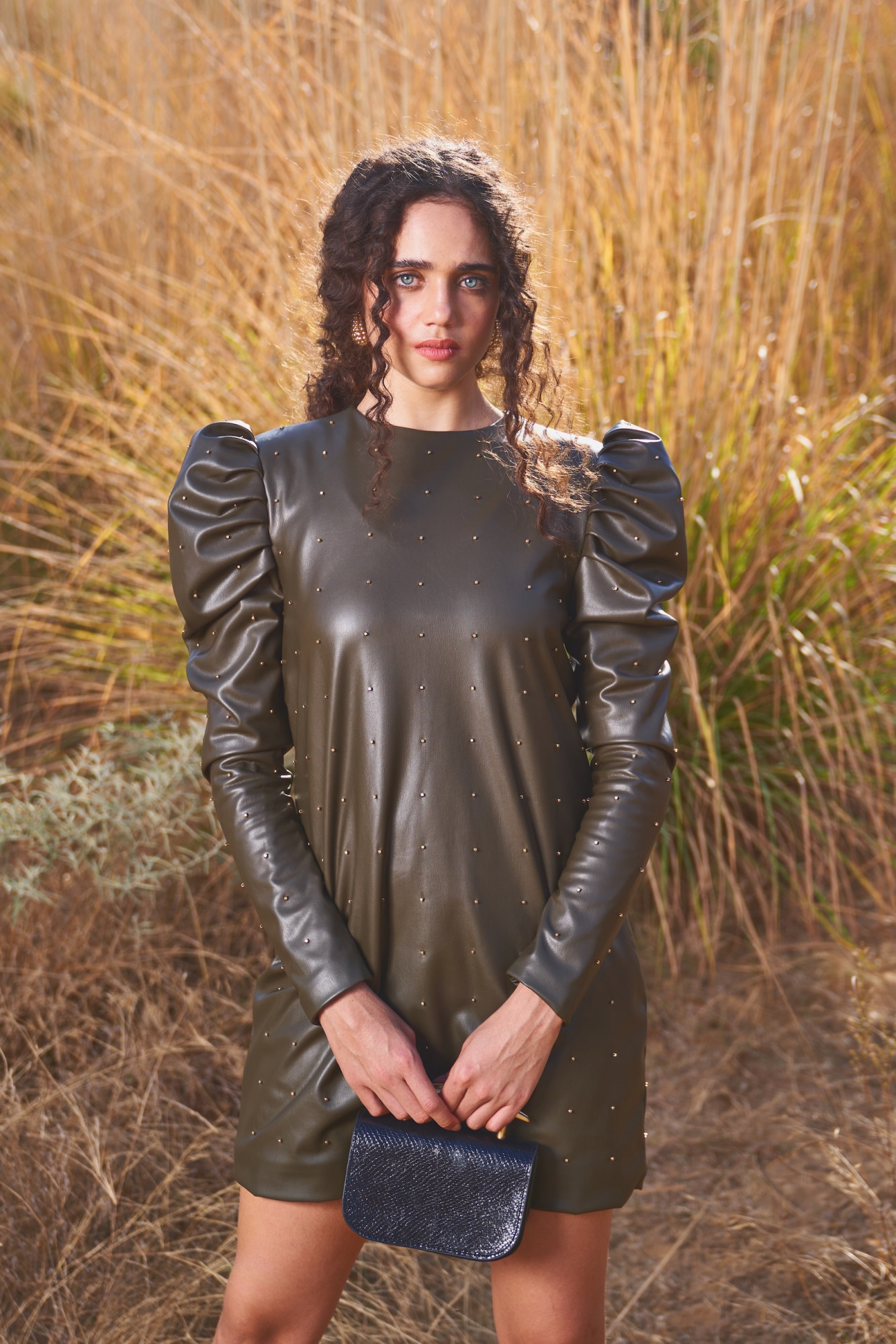 MATERIAL GIRL 03 OLIVE COLOR FAUX LEATHER STUDDED DRESS